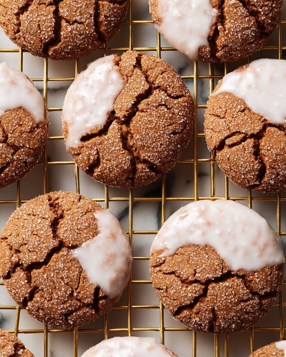 The image shows round brown cookies with a cracked texture, each cookie partially covered on one side with a white icing glaze. The cookies are arranged closely on a gold wire cooling rack, which lies on a white marbled surface. The glaze is smooth and shiny, creating a contrast with the rough, sugar-coated cookie surface. Photo taken with an iphone --ar 4:5 --v 7