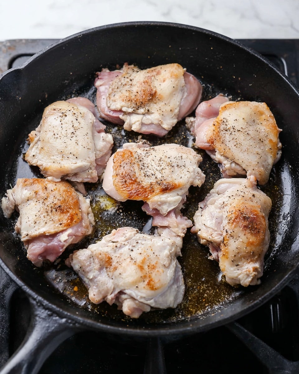In a black cast iron pan sitting on a stove, six pieces of light pink and white chicken thighs are being cooked; some areas have a slight golden brown sear while other parts remain pale with hints of juices and fat. The chicken pieces are irregular in shape and scattered around the pan, showing some seasoning in the form of black pepper on top. The pan’s surface shows a bit of oil glistening and the background has a white marbled surface visible on the sides. photo taken with an iphone --ar 4:5 --v 7