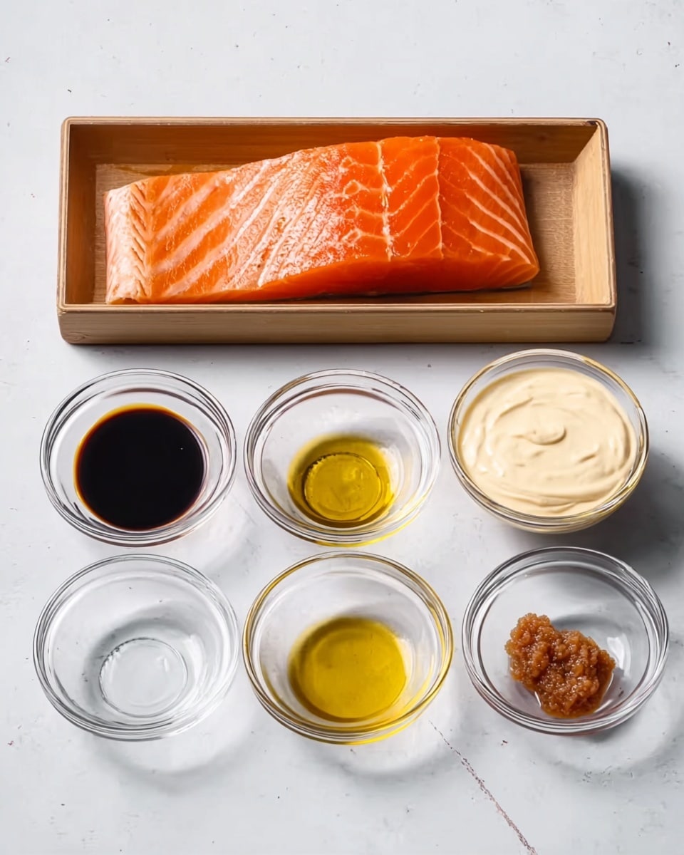 A rectangular piece of fresh orange salmon fillet with visible white lines sits in a wooden tray at the top center. Below it on a white marbled surface are five small clear glass bowls arranged in a row: the first bowl on the left holds dark brown soy sauce, the second has golden-colored oil, the third contains a small amount of pale yellow liquid, the fourth bowl is empty, and the last bowl on the right contains a small portion of chunky brown paste. On the top right, a larger clear glass bowl holds creamy, off-white mayonnaise. The whole setup is simple and clean, focused on raw ingredients, photo taken with an iphone --ar 4:5 --v 7
