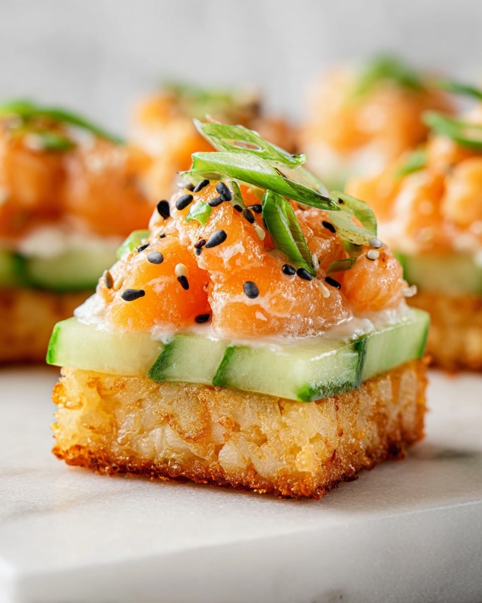 The dish shows a close-up of a three-layered sushi bite on a white marbled surface. The bottom layer is crispy, golden-brown rice with a crunchy texture. Above it lies a smooth, bright green cucumber strip. The top layer is a creamy mix of small orange salmon pieces coated in a light sauce, topped with thin green onion rings and scattered black and white sesame seeds. The background is soft and blurred, emphasizing the sushi bite's vibrant colors and textures. photo taken with an iphone --ar 4:5 --v 7