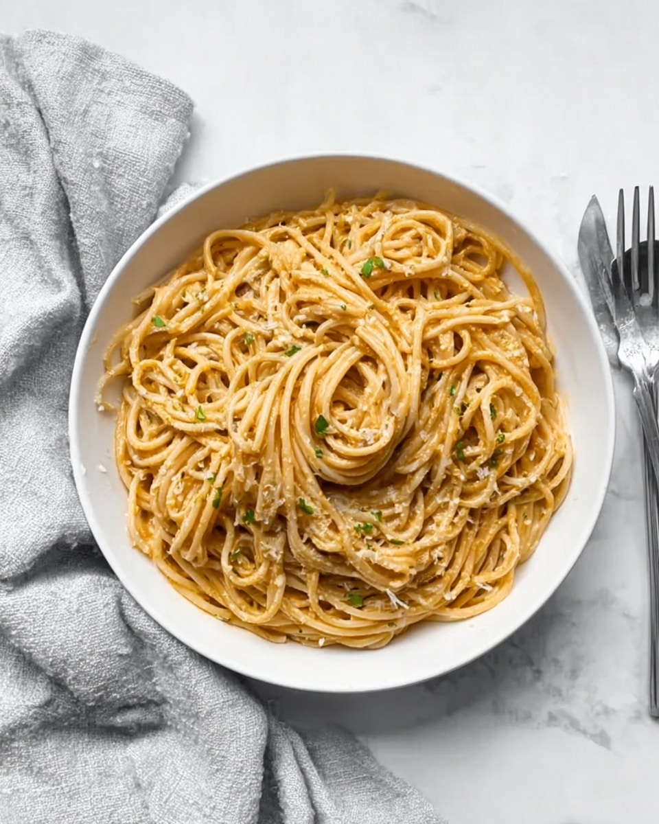 A white bowl filled with thick spaghetti noodles coated in a creamy, light brown sauce with small bits of green herbs mixed in. The noodles are twisted in the center, showing a glossy texture. The bowl sits on a white marbled surface next to a silver fork and a crumpled light gray cloth. The overall look is simple and fresh, with the focus on the rich pasta and sauce. photo taken with an iphone --ar 4:5 --v 7