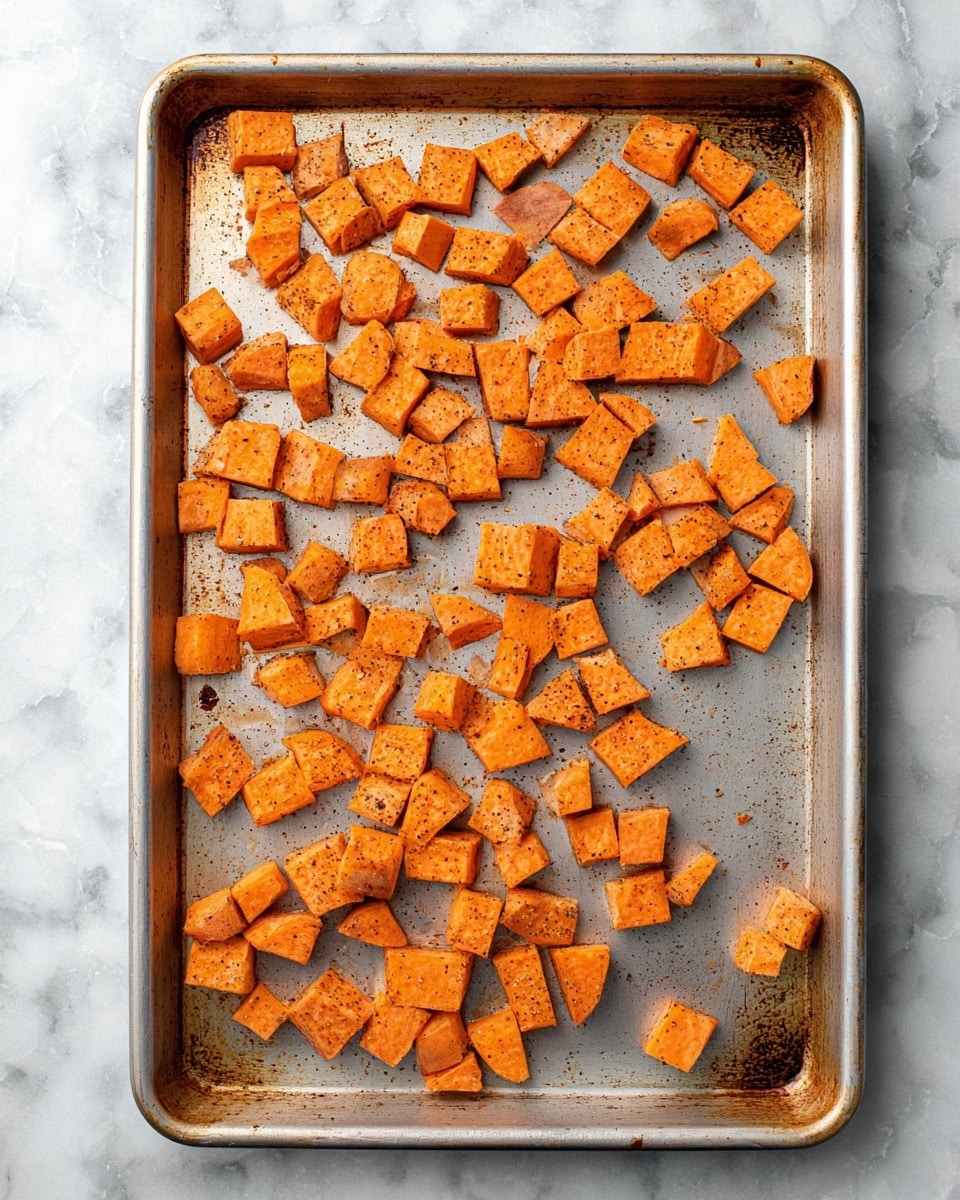 A metal baking sheet holds many small, evenly cut orange sweet potato cubes, spread out in a single layer. The sweet potato pieces show a light seasoning with small dark specks and have a slightly rough texture. The baking sheet itself is rectangular and has a worn, slightly stained surface with visible scratches and marks, adding a rustic feel. The background is a white marbled texture. photo taken with an iphone --ar 4:5 --v 7