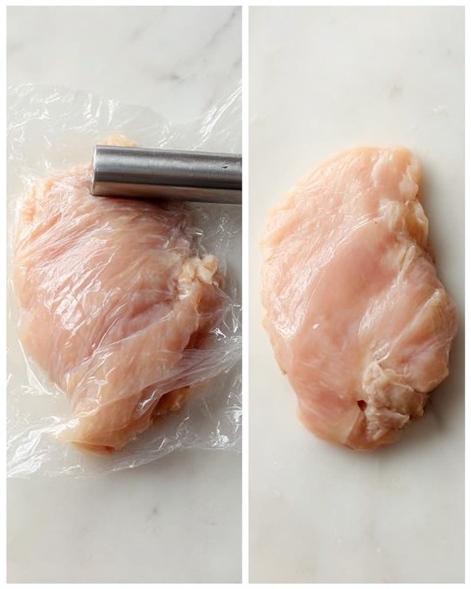 The image shows two side-by-side views of a raw chicken piece on a white marbled surface. On the left, the chicken is placed under a clear plastic wrap, with a metal meat mallet pressing down on it from the top. The chicken looks slightly thick and light pink in color with smooth texture. On the right, the same piece of chicken is flattened and laid out directly on the white marbled surface, showing a thinner, more even shape, with a pale pink color and smooth texture. photo taken with an iphone --ar 4:5 --v 7