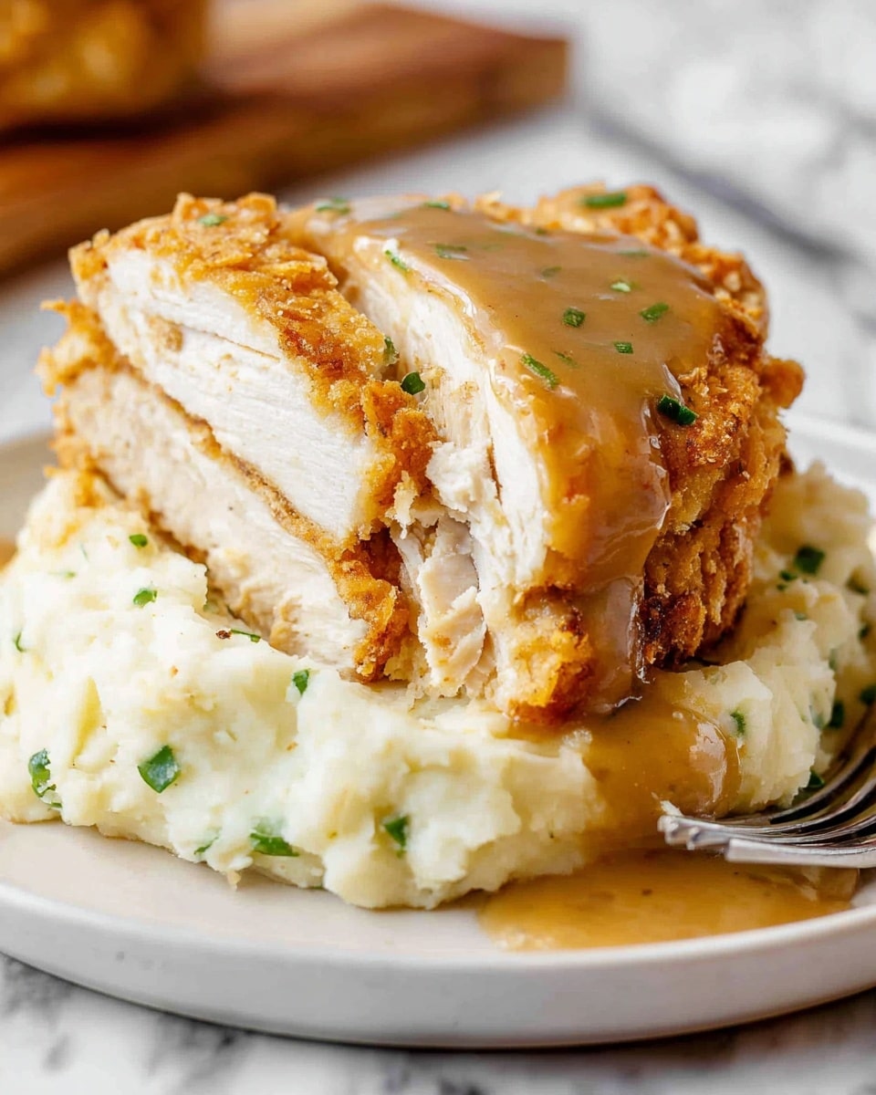 A close-up view of a plate showing a stack of three main layers: at the bottom is a thick, creamy white mashed potato layer with small green herb bits mixed in, above it is a golden brown fried chicken layer with a crunchy texture, and on top a smooth, light brown gravy sauce lightly drizzled over the chicken. The chicken is partially sliced, revealing the white, moist inside. The plate is white, and the background is a white marbled surface. A woman's hand is visible holding a fork on the right side. photo taken with an iphone --ar 4:5 --v 7