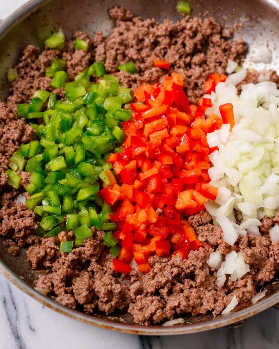 A close-up view of a frying pan filled with cooked ground beef that looks soft and crumbly, covering most of the pan. On top of the beef there are three piles of finely chopped vegetables: bright green bell peppers on the left, vibrant red bell peppers in the middle, and white onions on the right. The pan has a slightly shiny metal texture and sits on a white marbled surface. The colors of the vegetables stand out sharply against the brown beef and the shiny pan. photo taken with an iphone --ar 4:5 --v 7