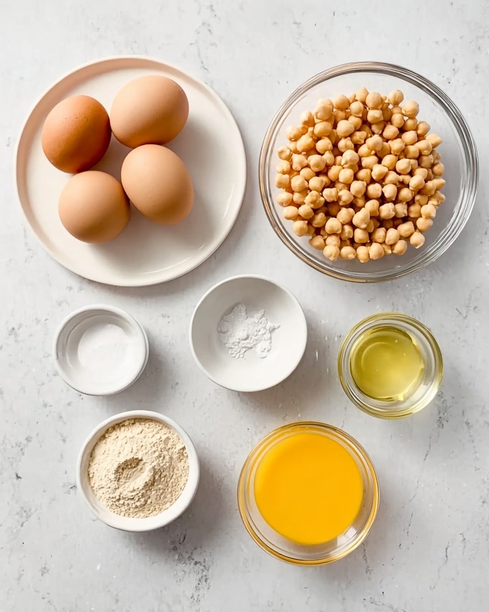 The image shows seven small bowls and a white plate, all placed on a white marbled surface. The white plate holds four brown eggs with smooth shells. Nearby, a clear glass bowl is filled with round, beige chickpeas. There are three small white bowls, two of which contain white powdery ingredients, and the third holds a light golden liquid. Another clear glass bowl contains bright orange-yellow liquid. The arrangement is neat and evenly spaced. Photo taken with an iphone --ar 4:5 --v 7