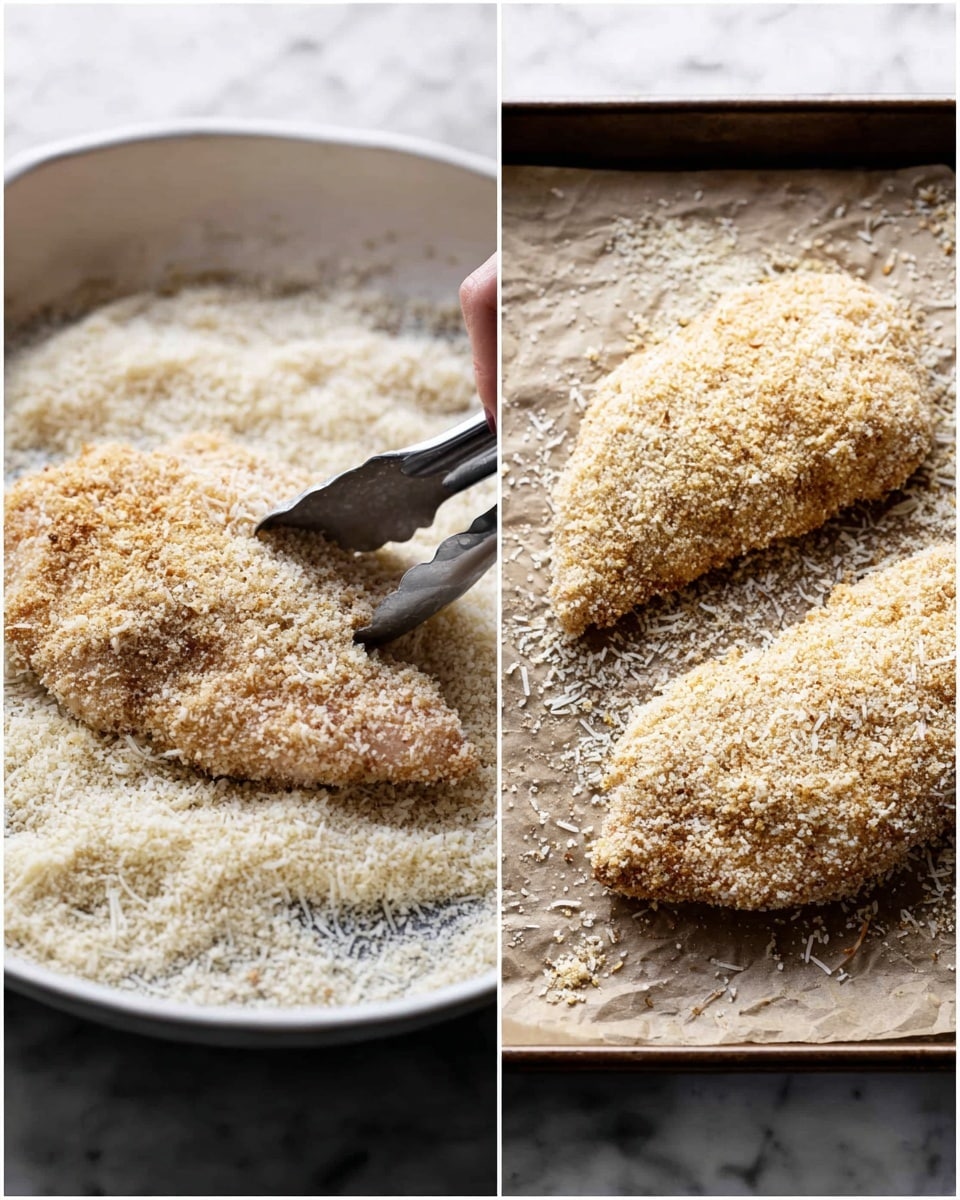 The image shows two chicken pieces being coated in a layer of pale beige breadcrumbs with white shredded bits mixed in. On the left side, one piece is held by tongs with a woman's hand, pressing it into a pile of breadcrumbs in a white pan, with breadcrumbs clinging all around it. On the right side, two breaded chicken pieces rest on parchment paper on a baking tray, covered fully in the crumb coating with a rough texture and some loose crumbs scattered around. The background is a white marbled texture. Photo taken with an iphone --ar 4:5 --v 7