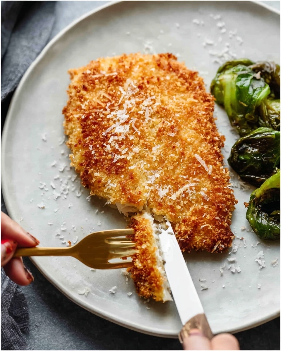 A white plate with a white marbled background holds a golden brown, crispy breaded fillet with a rough, crunchy texture on top. The fillet lays flat in the center of the plate, sprinkled with coarse flakes of salt. To the right side of the fillet, there are three green roasted vegetables that appear soft and slightly wrinkled. A woman's hand holds a golden fork piercing the left side of the fillet, while a knife with a white handle slices through the right side, showing the fillet's crumbly top layer. Photo taken with an iphone --ar 4:5 --v 7