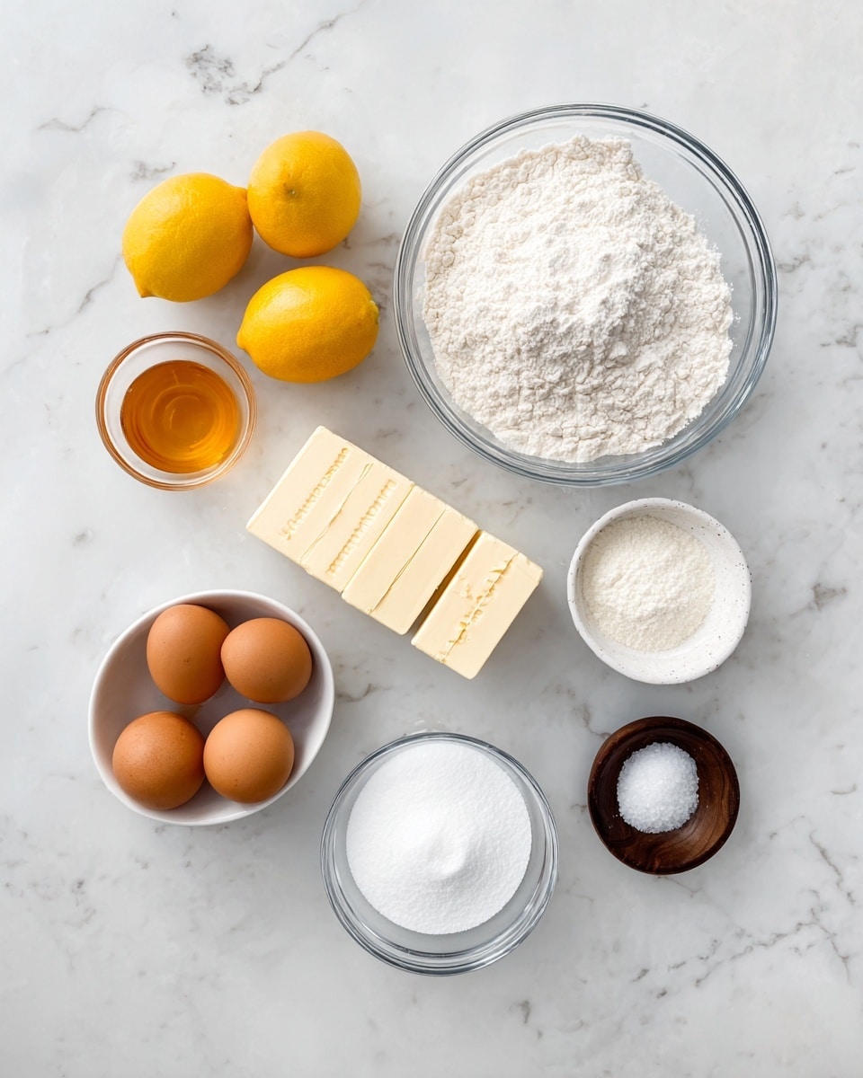 The image shows various baking ingredients arranged neatly on a white marbled surface. There is a clear glass bowl filled with flour placed at the center-top, a smaller glass bowl with white powder next to it on the right. Below the flour bowl, there are two sticks of butter side by side with measurement markings visible. To the left of the butter, three yellow lemons are placed close together. A small, dark wooden bowl with salt is positioned near the right edge. On the lower left side, a clear glass bowl filled with white sugar is next to a white bowl holding four brown eggs. A small glass container with a golden-brown liquid is placed near the top left. The arrangement is clean, simple, and organized, focusing on the raw ingredients needed for baking. Photo taken with an iphone --ar 4:5 --v 7