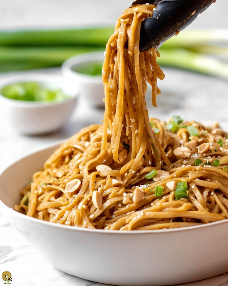 A close-up of a white bowl filled with thick noodles that are coated in a shiny, light brown sauce. The noodles are mixed with small pieces of peanuts, light green chopped spring onions, and white sesame seeds. A black tong lifts a portion of the noodles from the bowl, showing their soft and slightly sticky texture. Behind the bowl, there is a blurred white marbled surface with small white dishes holding green chopped onions and a bundle of fresh green spring onions. The photo taken with an iphone --ar 4:5 --v 7