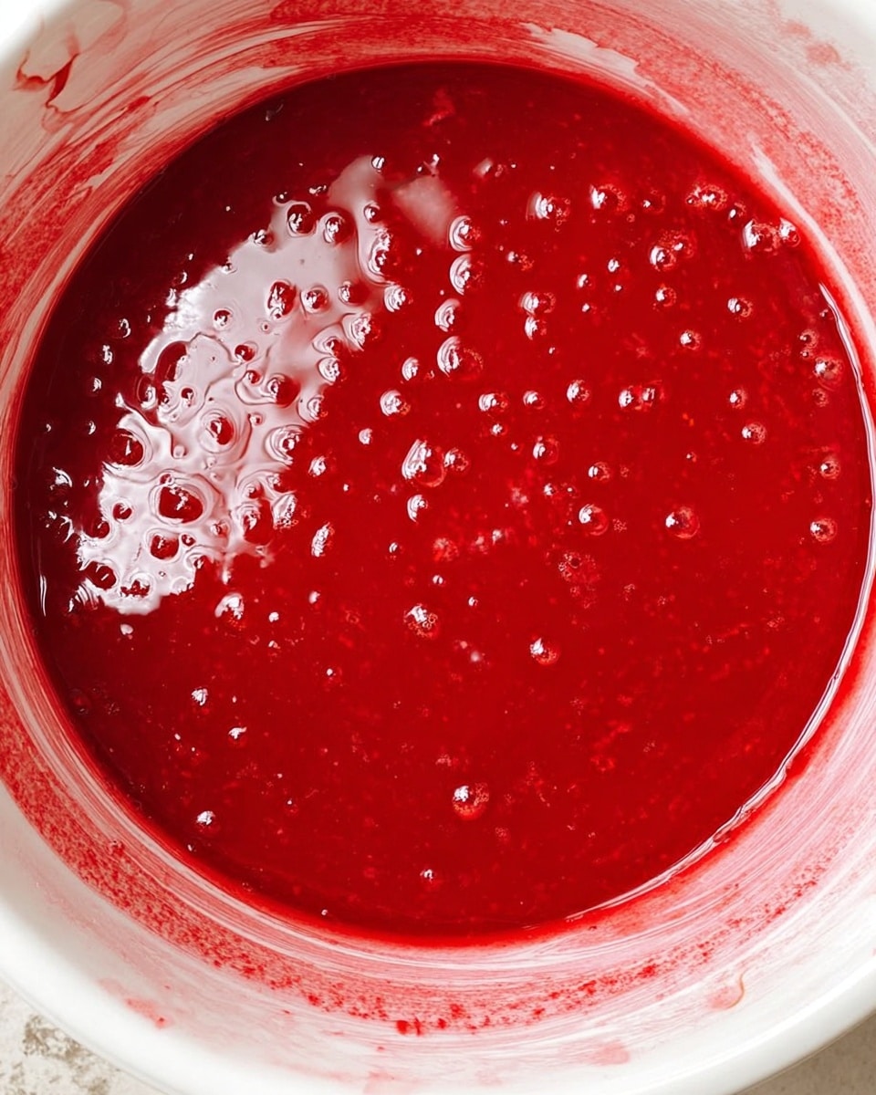 A close-up view inside a white bowl filled with a smooth, thick liquid of bright red color with small, scattered bubbles on the surface, showing a shiny and slightly wet texture. The edges of the bowl reveal red splashes and streaks, with the bowl sitting on a white marbled surface photo taken with an iphone --ar 4:5 --v 7