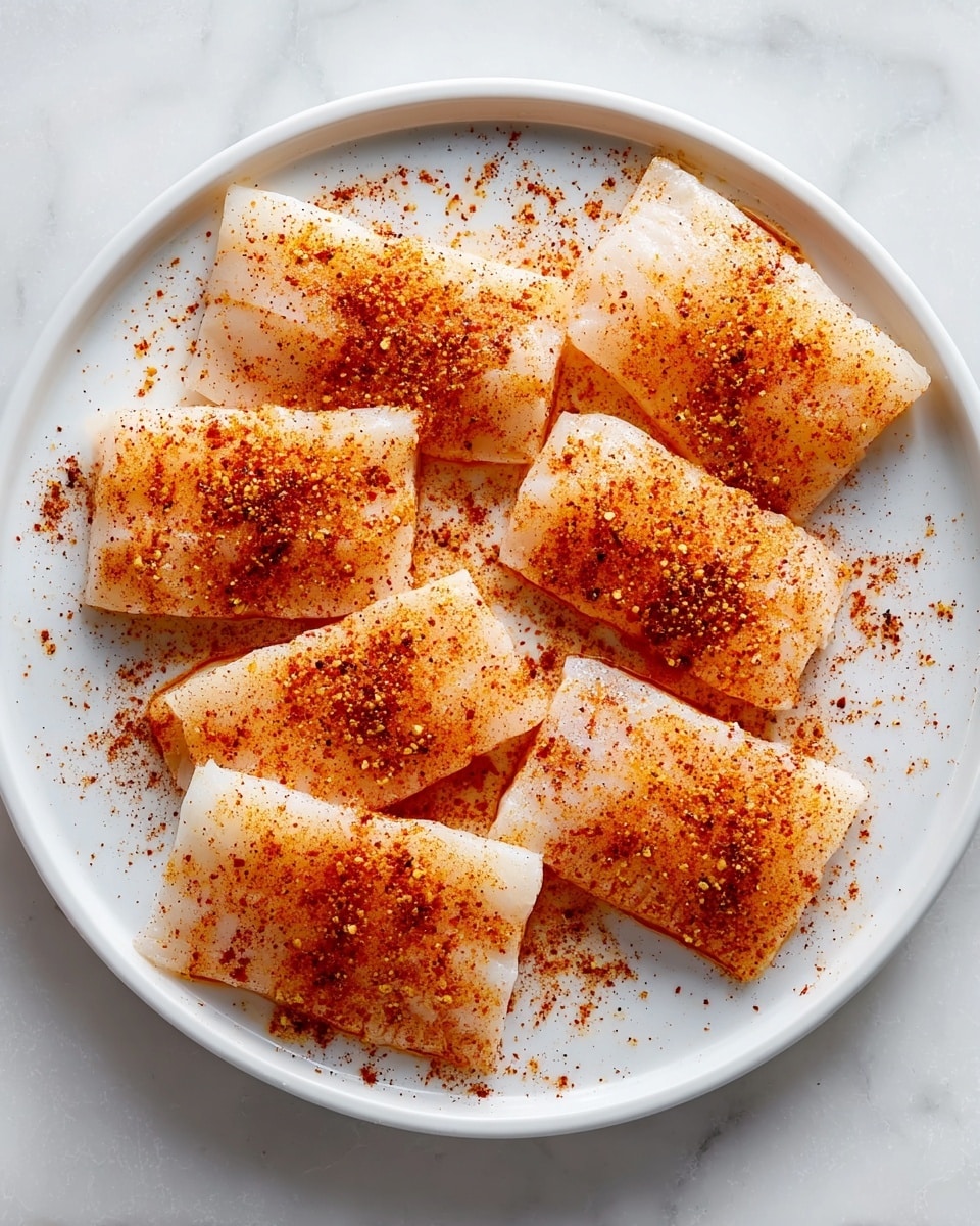 A white plate holds eight rectangular pieces of lightly cooked, translucent fish fillets, arranged neatly with some overlapping. Each fillet is dusted evenly with a reddish-orange spice powder that adds a speckled texture and a warm color contrast against the pale fish. The fish surface looks smooth and slightly shiny, while the spices add a dry grainy look. The plate rests on a white marbled surface, enhancing the clean, simple presentation. Photo taken with an iphone --ar 4:5 --v 7