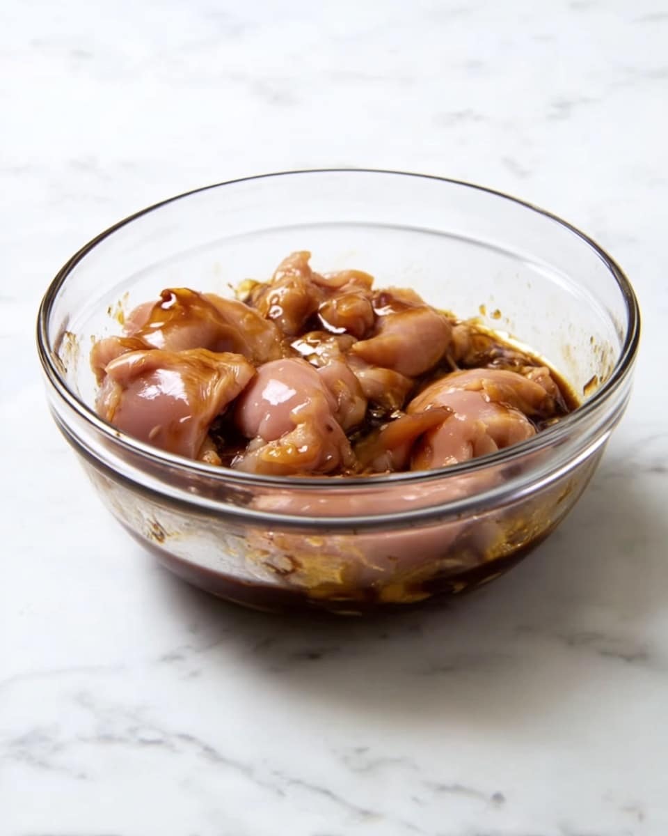 A clear glass bowl sits on a white marbled surface, filled with raw chicken pieces soaked in a dark brown sauce. The chicken pieces are light pink with smooth, wet textures, partially covered and mixed with a thick, shiny sauce that pools at the bottom and coats the meat. The bowl’s clear surface shows the layering of the chicken and sauce inside. Photo taken with an iphone --ar 4:5 --v 7