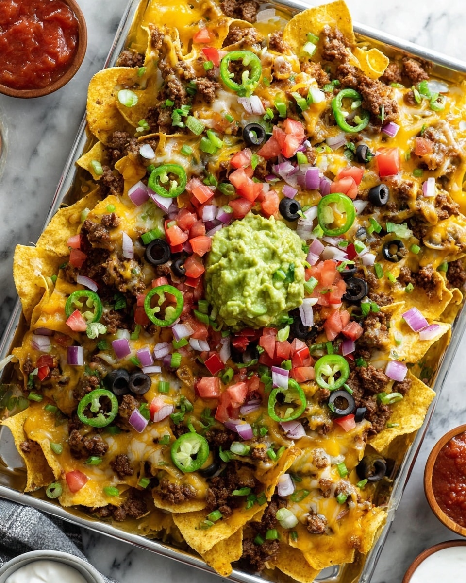 A silver tray filled with layers of yellow tortilla chips topped unevenly with melted mixed cheese, crumbled cooked beef, sliced black olives, chopped red onions, diced red tomatoes, chopped green onions, and thin green jalapeño slices, with a dollop of green guacamole on one side. The tray is placed on a white marbled textured surface, with small bowls of red salsa and white sauce visible in the background. The overall look is colorful and rich in texture, full of fresh chopped toppings and melted cheese. Photo taken with an iphone --ar 4:5 --v 7