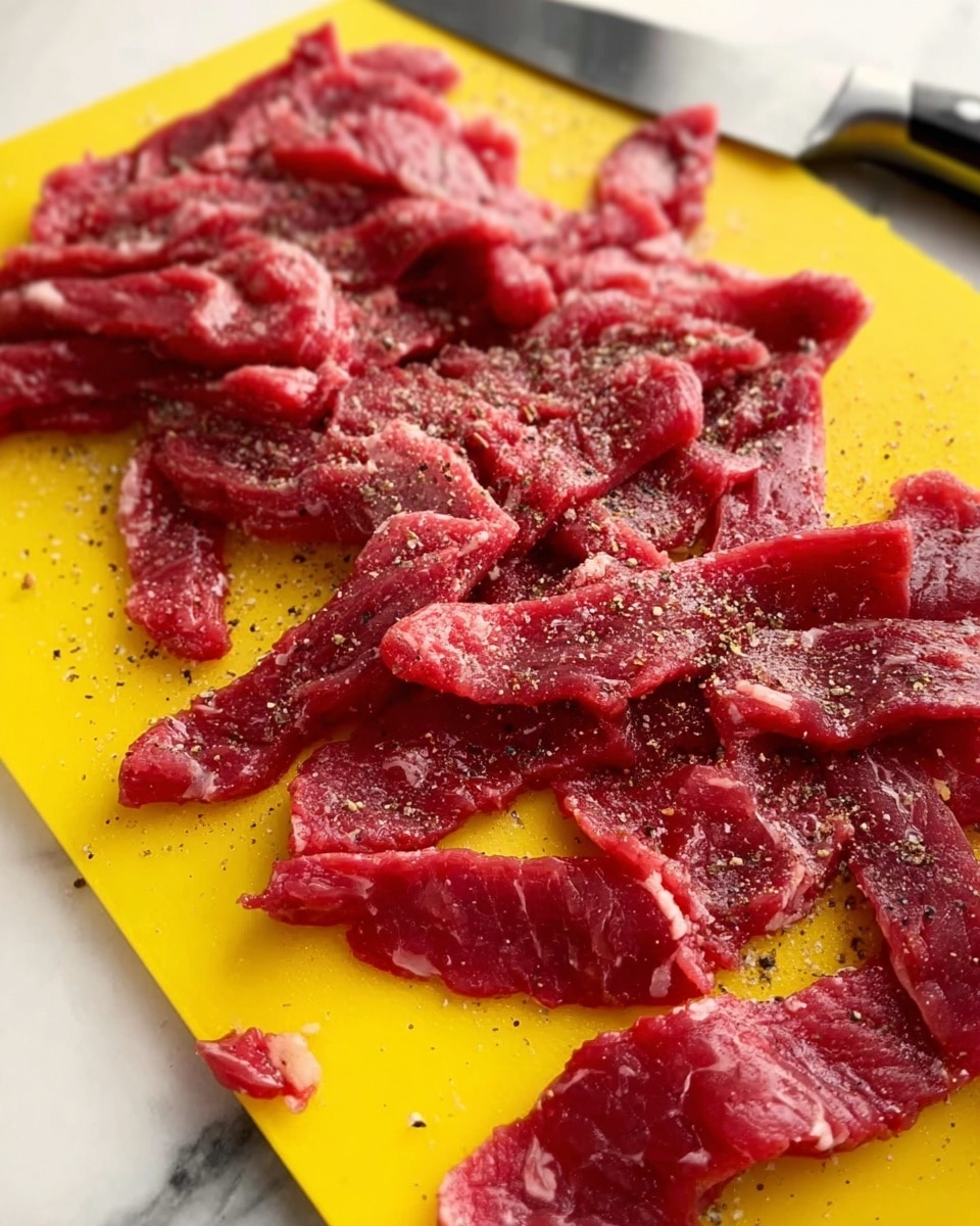 The image shows thin strips of raw red meat scattered in layers across a bright yellow cutting board, with some pieces sprinkled lightly with black pepper. The texture of the meat looks soft and fresh, with visible muscle fibers and some slight fat streaks. A black and silver knife rests on the right side of the board, partially in the frame. The cutting board is placed on a white marbled surface. photo taken with an iphone --ar 4:5 --v 7