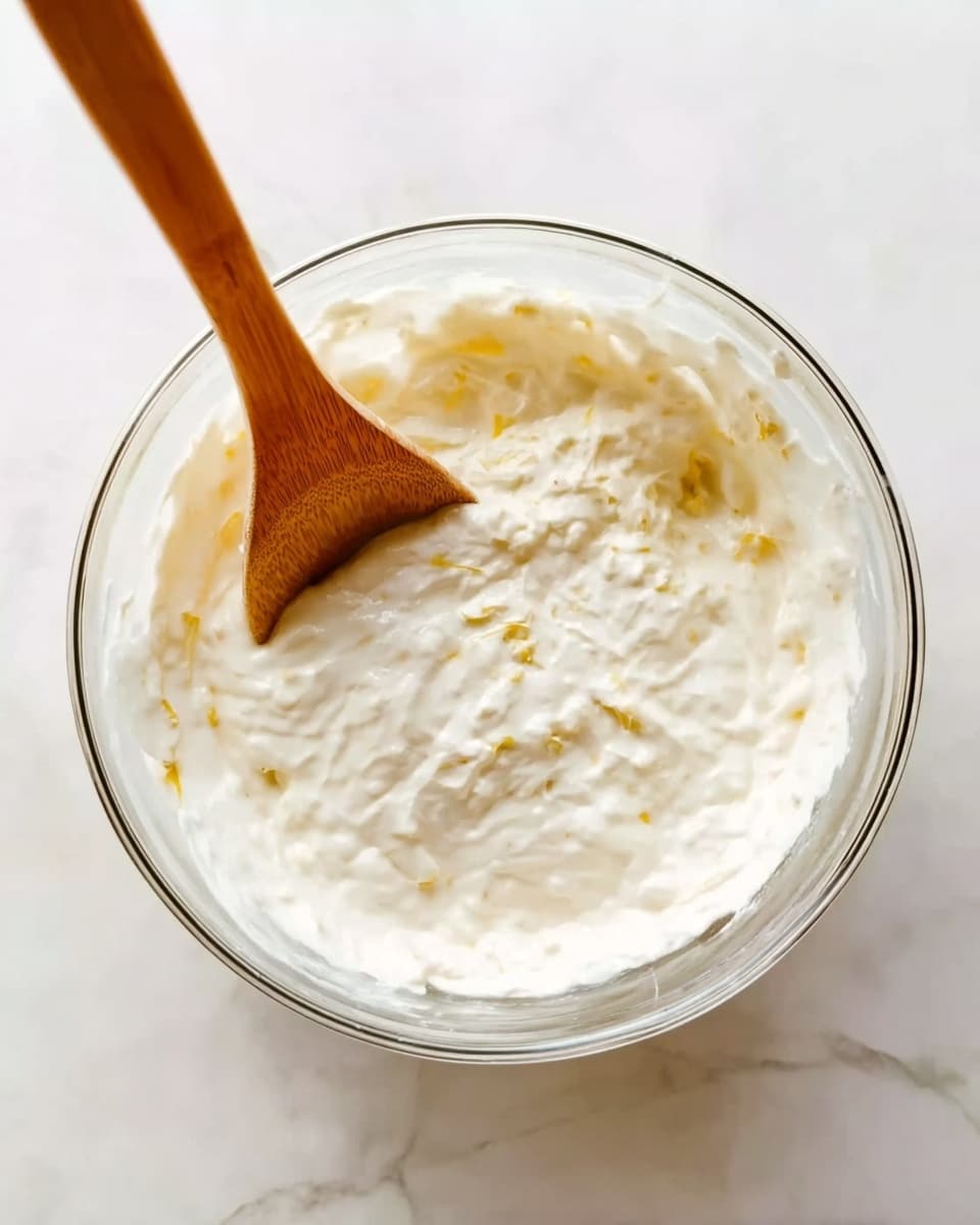 A clear glass bowl filled with a creamy white mixture that looks thick and slightly lumpy, with some small yellow patches visible. A wooden spoon is dipped into the mixture, resting diagonally inside the bowl. The bowl sits on a surface with a white marbled texture. Photo taken with an iphone --ar 4:5 --v 7