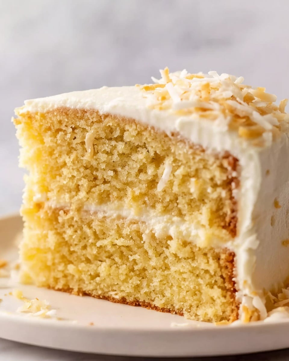 The image shows a close-up of a slice of yellow cake with two visible layers. The cake has a soft, moist texture with small grains and bits of shredded coconut inside. The top and sides of the cake are covered in smooth white frosting, and some shredded coconut is sprinkled on the frosting. The slice sits on a white plate with a white marbled surface in the background. Photo taken with an iphone --ar 4:5 --v 7
