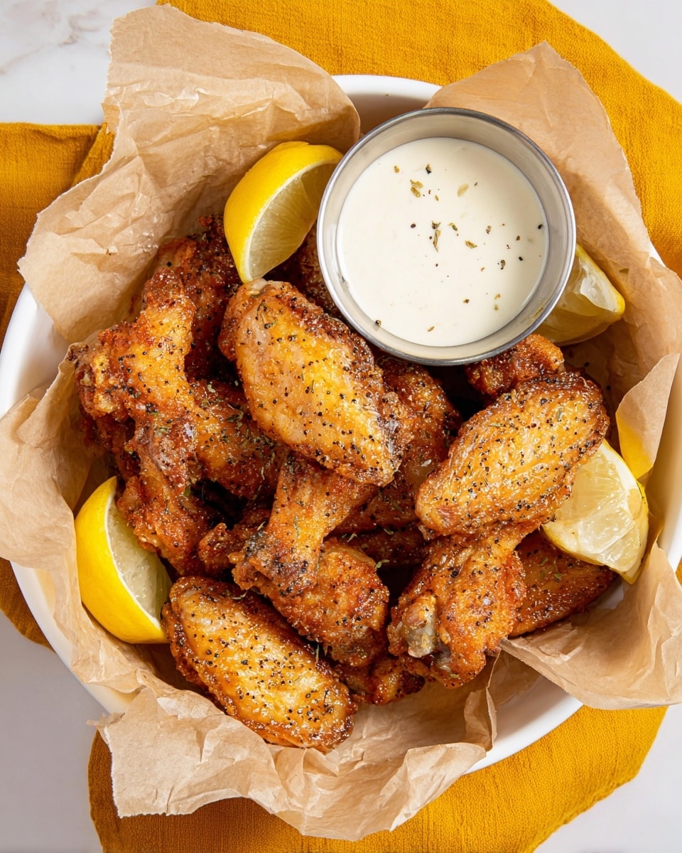 A white round bowl lined with light brown parchment paper holds around ten golden-brown fried chicken wings with a crispy texture and visible black pepper seasoning. The wings are shiny with a light glaze. Four lemon wedges, light yellow with white pith, are placed around the chicken inside the bowl. Near the top edge of the bowl, there is a small silver metal container filled with a smooth, creamy white sauce with tiny specks. The bowl rests on a bright mustard yellow cloth, with a white marbled surface background visible at the edges. Photo taken with an iphone --ar 4:5 --v 7