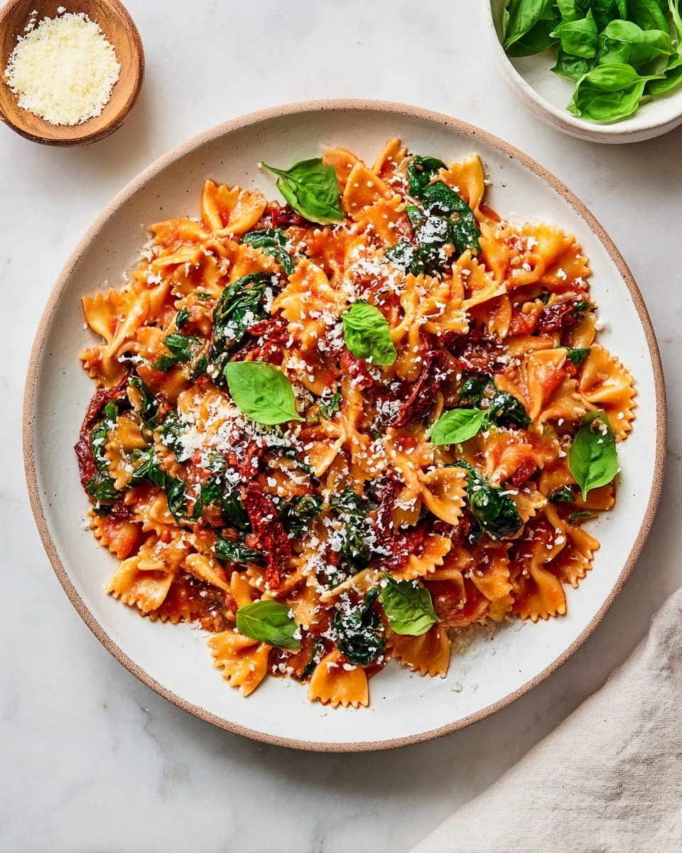 A large white plate holds a colorful dish of farfalle pasta covered in a smooth red tomato sauce. Mixed in are dark green spinach leaves and slightly wrinkled, deep red sun-dried tomatoes. The pasta is topped lightly with a sprinkling of finely grated white cheese and fresh bright green basil leaves scattered over the top and around the dish. The plate sits on a white marbled surface with a small wooden bowl of grated cheese and a white bowl with fresh basil partially visible nearby. Photo taken with an iphone --ar 4:5 --v 7