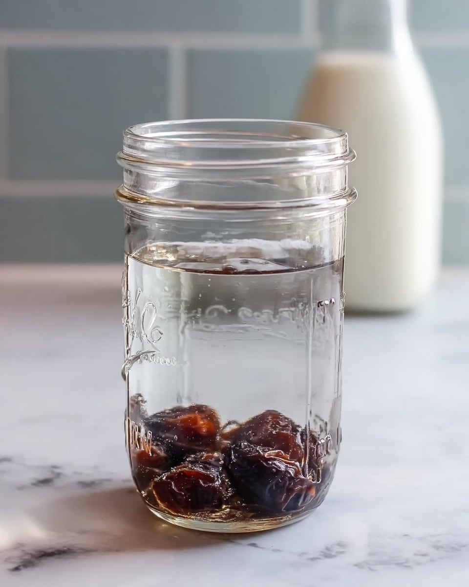 A clear glass jar filled with water and a few dark brown dried dates sitting at the bottom. The jar is standing on a white marbled surface with a softly blurred background showing a bottle of milk and a kitchen tile wall. The jar has measurement markings and a subtle texture on the glass, with the focus clearly capturing the water’s clarity and the texture of the dates inside. photo taken with an iphone --ar 4:5 --v 7