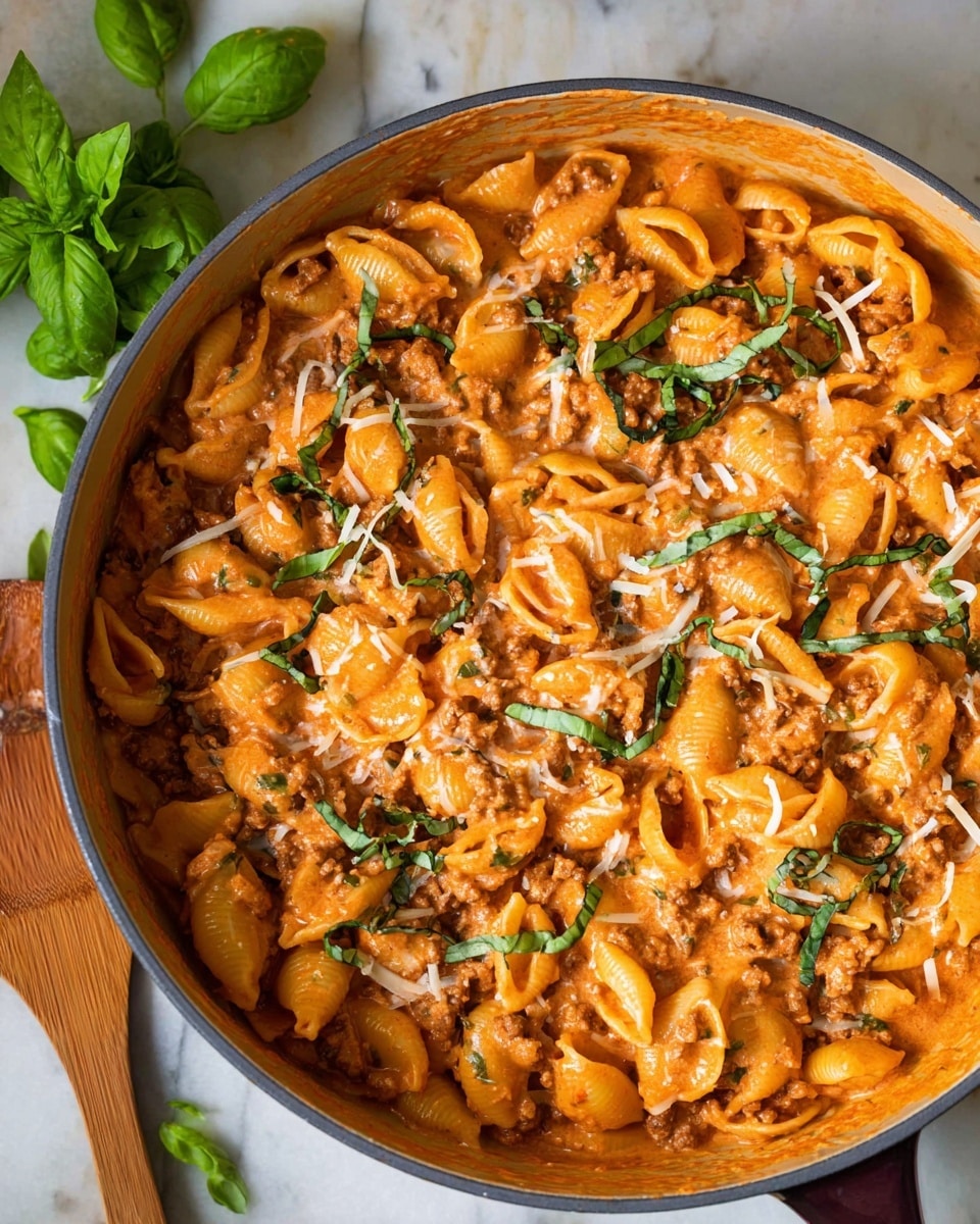 The image shows a gray pot filled with pasta shells mixed with a creamy orange sauce. The sauce looks smooth and coats the shell pasta well, with small bits of cooked ground meat spread evenly throughout. Fresh green basil ribbons are sprinkled on top along with some shredded white cheese, adding contrast. The pot is placed on a white marbled surface, with a wooden spoon beside it and some green basil leaves scattered around. The photo is brightly lit and taken from above, showing the rich texture and colors of the dish, photo taken with an iphone --ar 4:5 --v 7