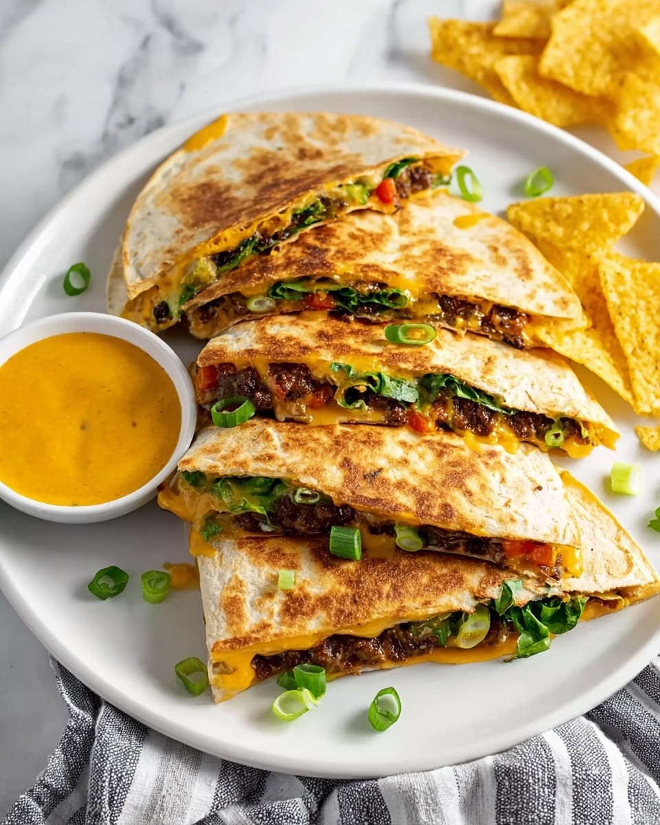 The image shows a white plate with four triangular quesadilla slices stacked in a fan shape. Each quesadilla has a toasted golden-brown flour tortilla outside with clear grill marks. Inside, layers include a dark brown cooked filling, green leafy vegetables, small red bits likely tomato, and melted yellow cheese. Green chopped spring onions are sprinkled on top and around the quesadillas on the plate. Nearby, a small white bowl holds a bright yellow-orange sauce, with a few tortilla chips beside it. The plate sits on a white marbled surface with a gray and white striped cloth partially visible on one side. Photo taken with an iphone --ar 4:5 --v 7