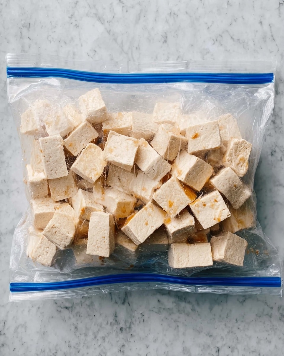 The image shows a clear plastic bag filled with pale beige tofu cubes that have a slightly rough texture, resting inside the sealed bag. The tofu pieces are evenly sized and stacked closely together, and there is a light sauce or marinade with a hint of orange-brown color visible inside the bag, coating some of the tofu. The bag is placed flat on a white marbled surface, and the blue plastic zipper seal is clearly visible at the bottom of the bag. photo taken with an iphone --ar 4:5 --v 7