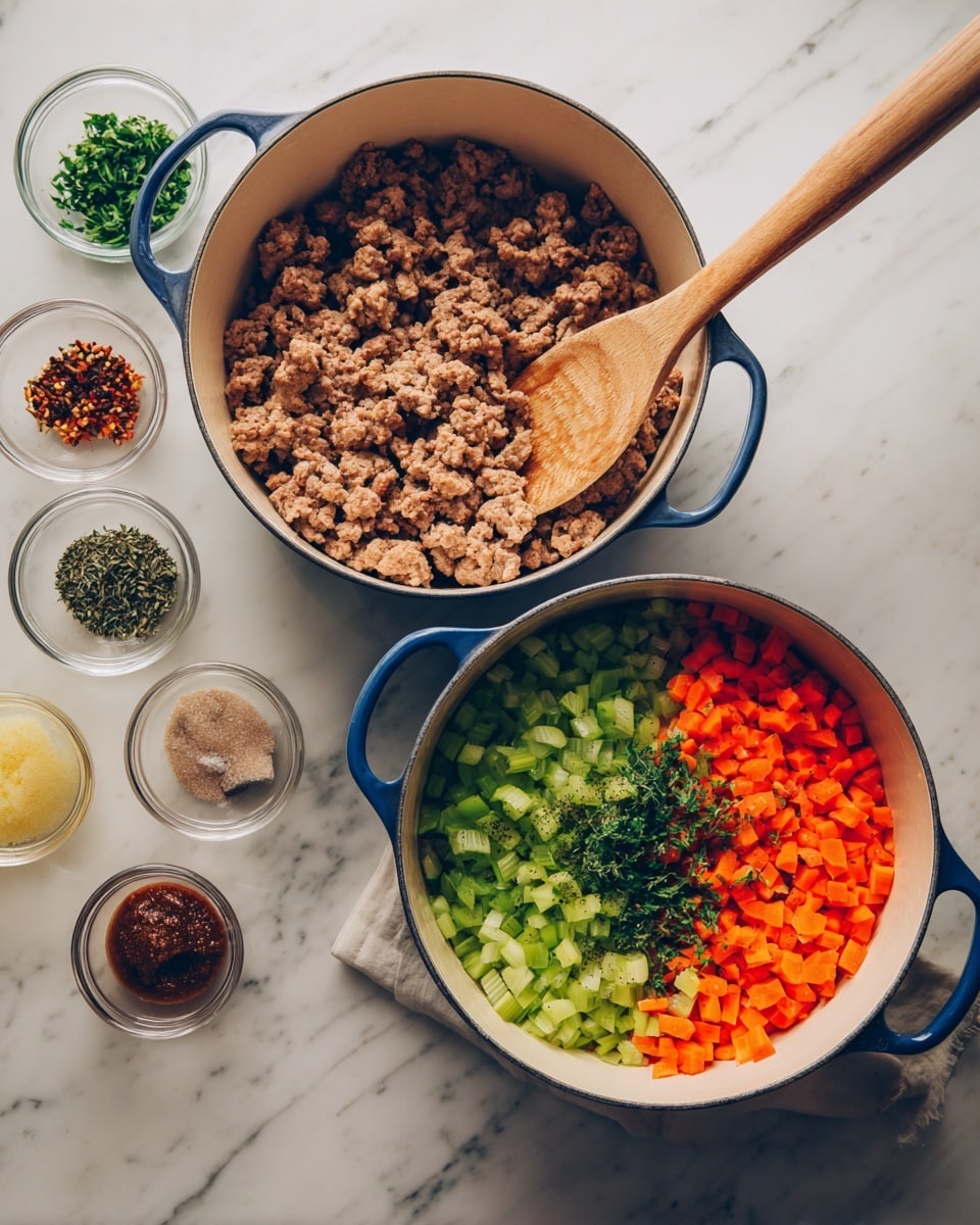 The image shows two white pots with blue handles on a white marbled surface. The pot on the left contains browned ground meat in large pieces, with a wooden spoon resting inside, the wooden spoon handle extending outside the pot. The pot on the right has three colorful layers of chopped vegetables: orange carrots, light green celery, and dark green herbs, all placed next to each other in the pot on top of a layer of oil or butter. A wooden spoon rests on the edge of the pot with its handle extending outside. Around the pots are small clear bowls and measuring cups holding ingredients in various colors like red, light yellow, black, and brown. Photo taken with an iphone --ar 4:5 --v 7