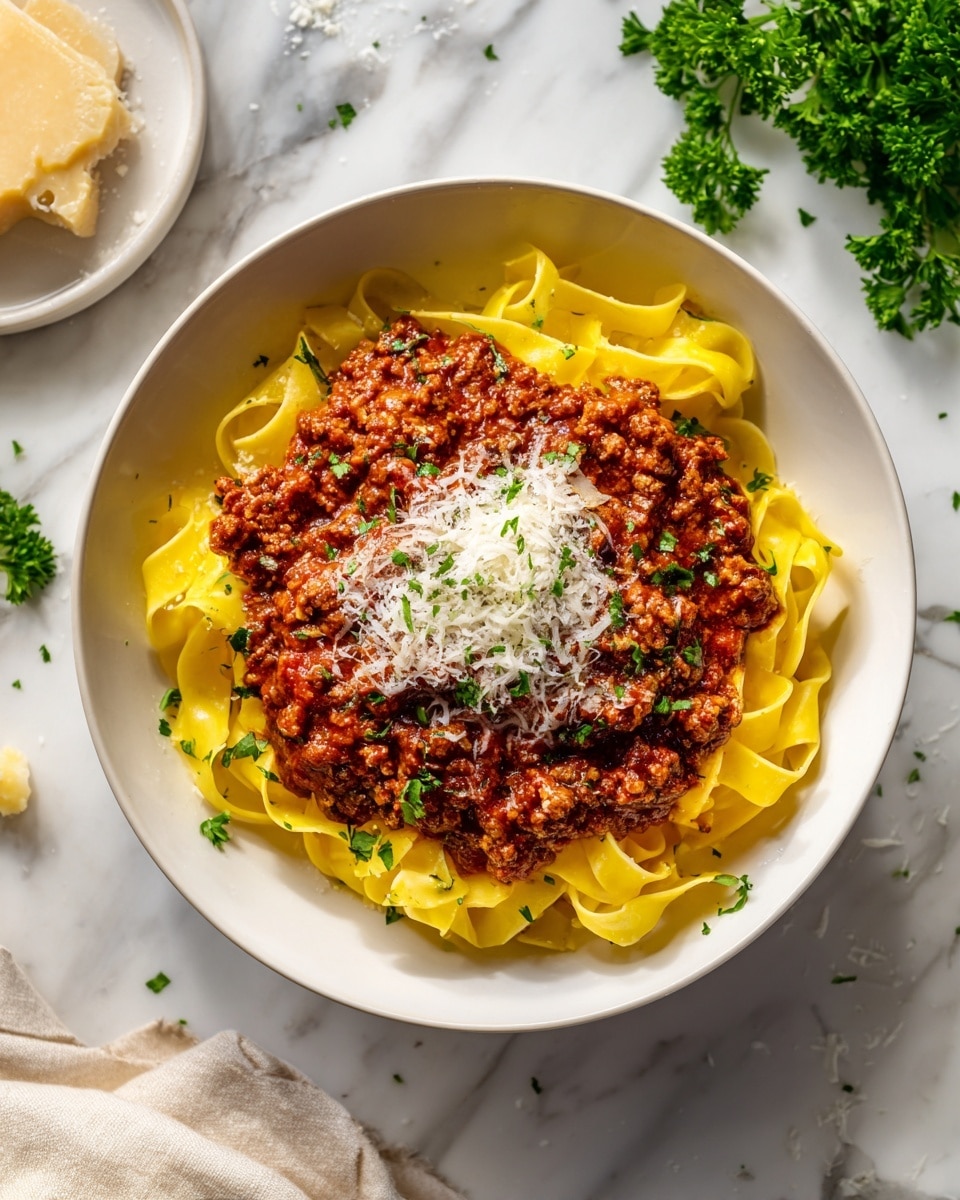 A white bowl holds three main layers: at the bottom is a nest of yellow pasta with a smooth, slightly shiny texture, topped with a thick red meat sauce that has visible small chunks of meat and tomato pieces. The sauce is layered in the center of the pasta, and on top, there is a light sprinkling of shredded white cheese. Small green parsley bits are scattered over the cheese and sauce for a final touch. The bowl sits on a white marbled surface with some green parsley on the side and a small plate with a wedge of cheese nearby. Photo taken with an iphone --ar 4:5 --v 7