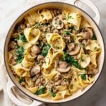 One Pot Cheesy Mushroom Spinach Beef Pasta Recipe