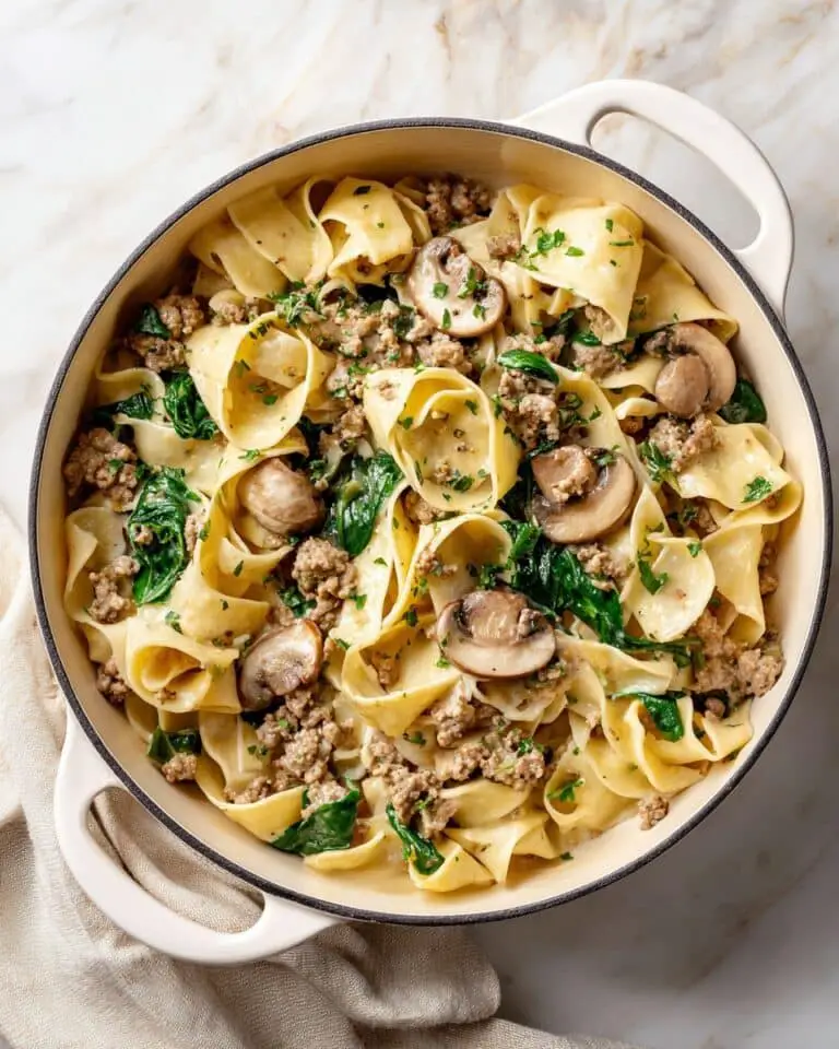 One Pot Cheesy Mushroom Spinach Beef Pasta Recipe