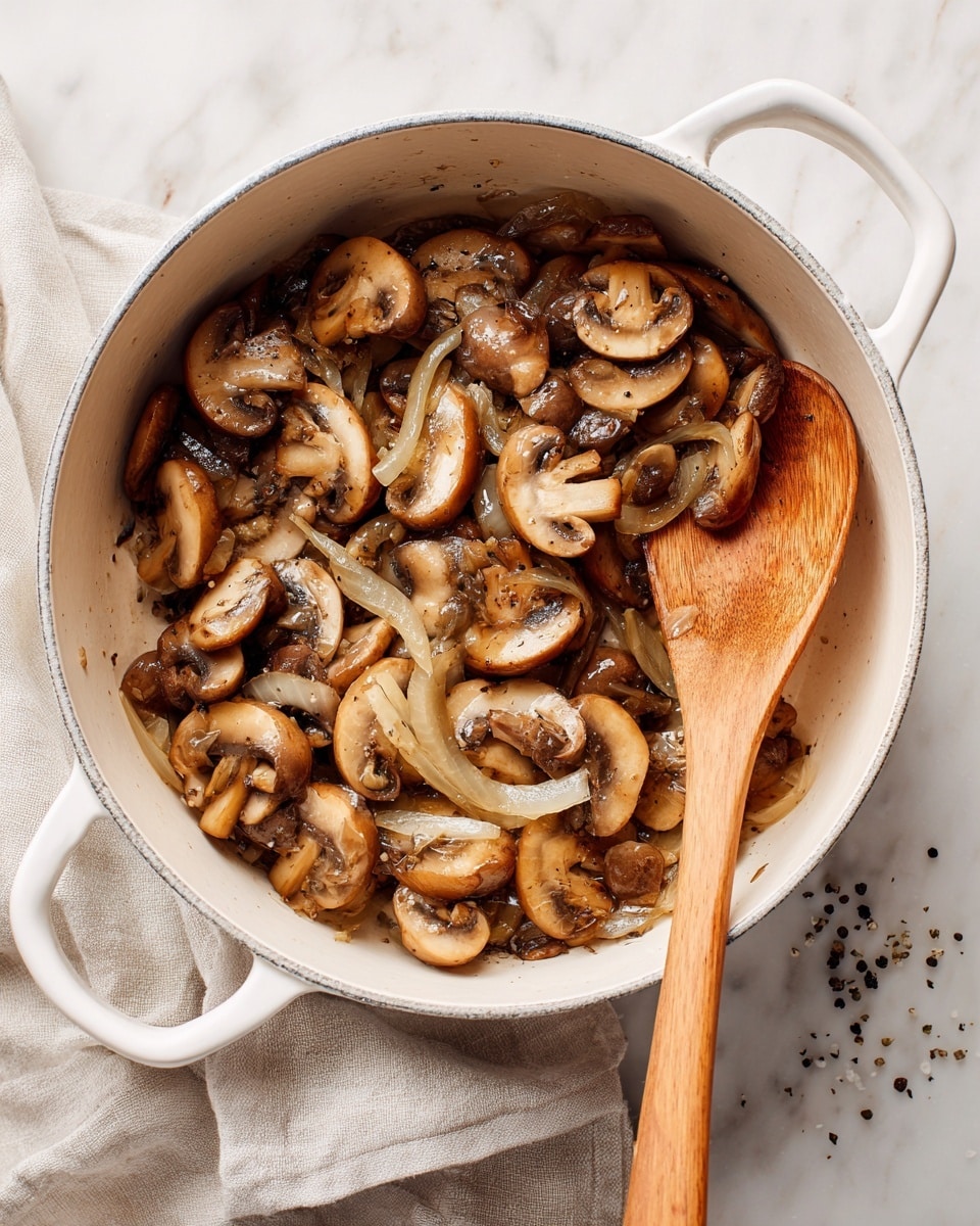 A white pot filled with cooked brown sliced mushrooms and light golden cooked onion slices mixed together, showing a soft and slightly shiny texture, with a wooden spoon resting on the right side inside the pot. The pot is placed on a white marbled surface with a light-colored cloth napkin beside it, and some small black pepper pieces visible on the surface. photo taken with an iphone --ar 4:5 --v 7