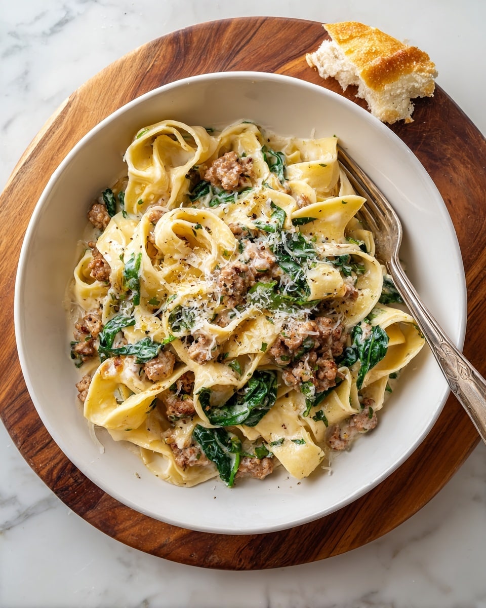 A white bowl sits on a wooden board over a white marbled surface, filled with wide, creamy pasta ribbons that curl and twist, mixed with browned pieces of sausage and wilted green spinach leaves. The dish is topped with a sprinkle of grated light cheese that adds texture and a sprinkle of black pepper. A fork rests inside the bowl, ready to mix the creamy, rich sauce that coats the pasta. There is a small piece of torn bread nearby on the same white marbled surface. Photo taken with an iphone --ar 4:5 --v 7