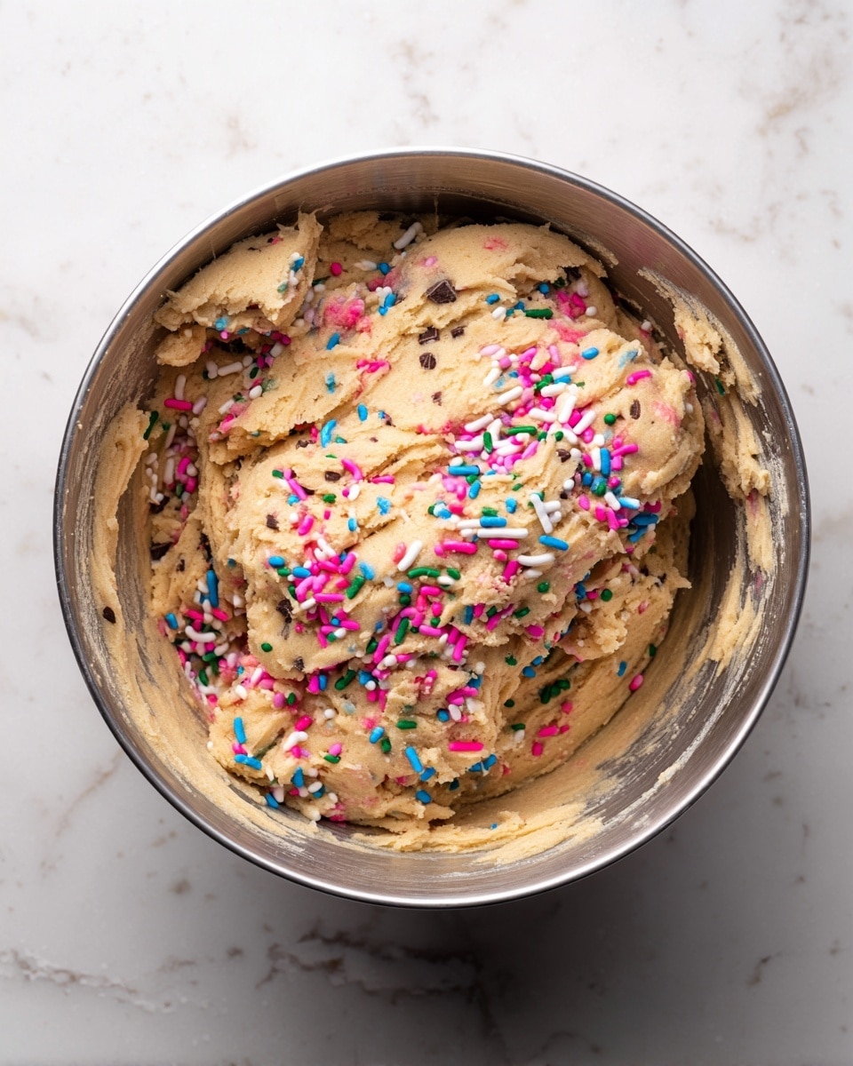 A large metal mixing bowl filled with thick, light brown cookie dough that has colorful sprinkles and visible white and dark chocolate pieces mixed throughout, with some dough stuck to the sides of the bowl, all placed on a white marbled surface photo taken with an iphone --ar 4:5 --v 7