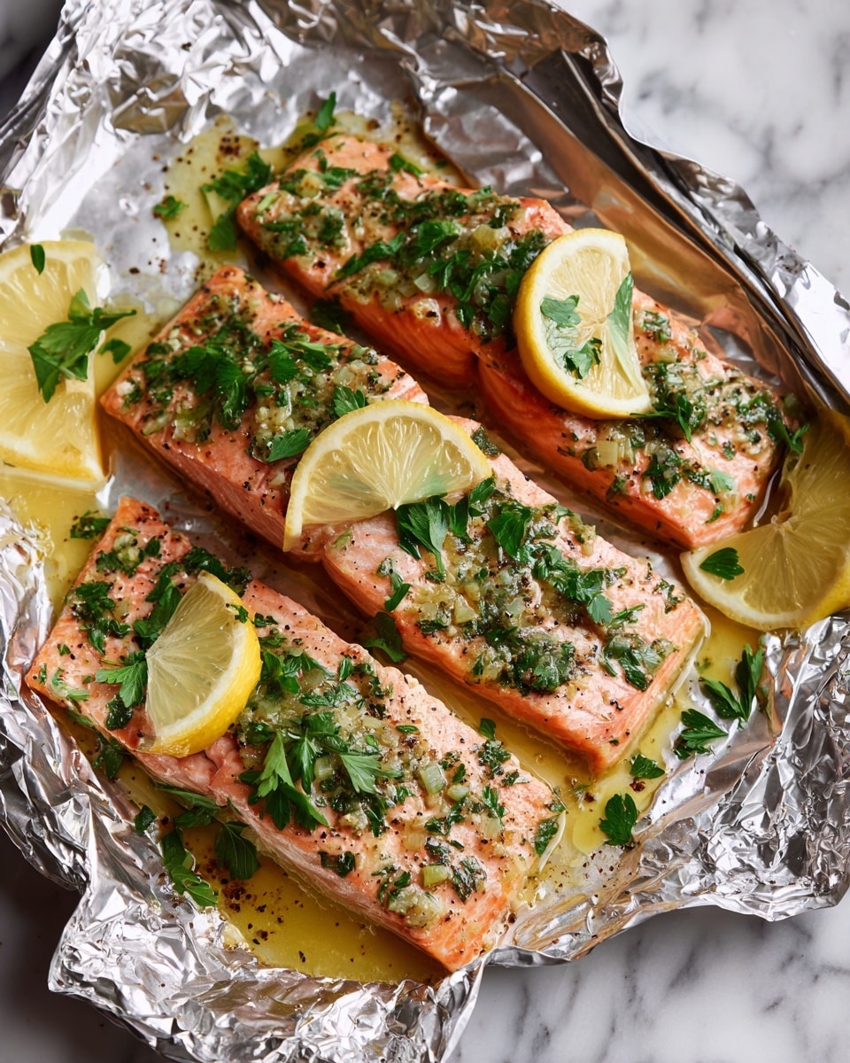 Three pieces of cooked salmon are placed on crumpled aluminum foil, each topped with a layer of green herbs and spices, including chopped parsley and black pepper. Each salmon piece has a small yellow lemon wedge on top, and there are additional lemon slices placed underneath and between the salmon pieces. The salmon has a slightly pink and orange color with a moist texture, sitting in a shallow pool of yellowish cooking juices. The background is a white marbled texture. photo taken with an iphone --ar 4:5 --v 7
