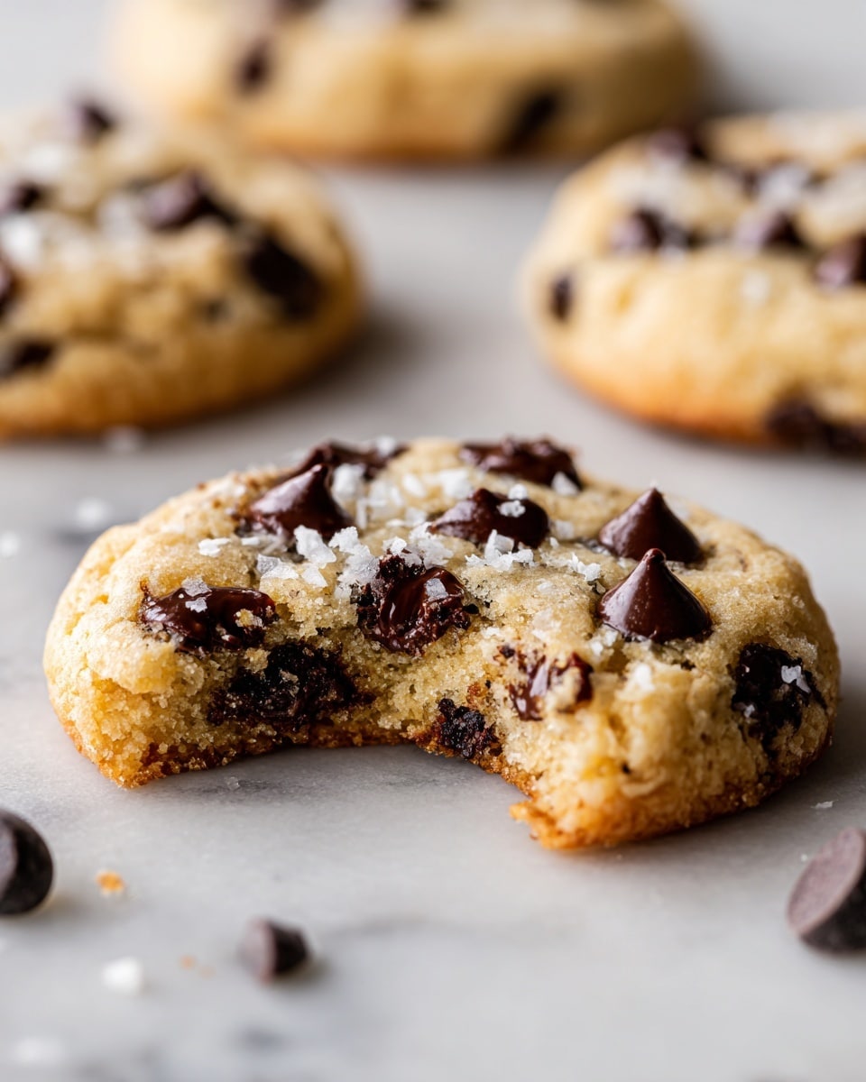 The image shows a close-up of a light brown cookie with a soft texture, dotted with melted dark chocolate chips and a light sprinkling of white flakes on top. The cookie has one small bite taken from it, revealing the slightly gooey inside. Around the cookie are scattered small dark chocolate chips on a white marbled surface. In the background, two more similar cookies are visible, slightly out of focus, creating depth in the image. photo taken with an iphone --ar 4:5 --v 7