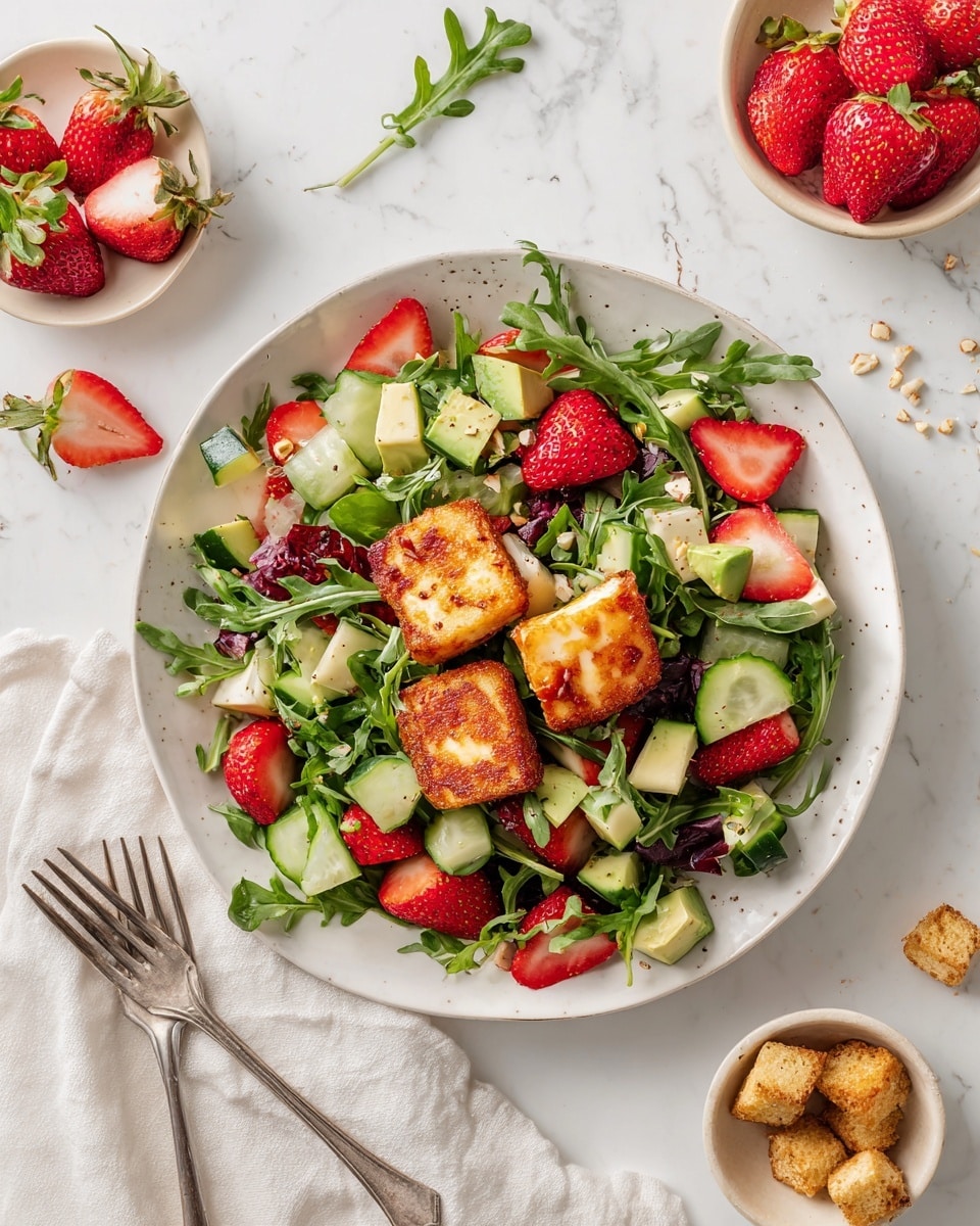 A white plate with a fresh salad featuring two pieces of golden-brown grilled cheese placed near the center. The salad base is made up of dark green arugula leaves mixed with bright red strawberry halves, deep red cherry tomatoes, light green avocado cubes, light green cucumber slices, and some small beige grains scattered throughout. To the side of the plate, a silver fork rests on a white cloth napkin. Nearby, there are small white bowls with halved strawberries and cucumber slices, and a small beige bowl holding more grilled cheese pieces. The background is a white marbled surface. photo taken with an iphone --ar 4:5 --v 7