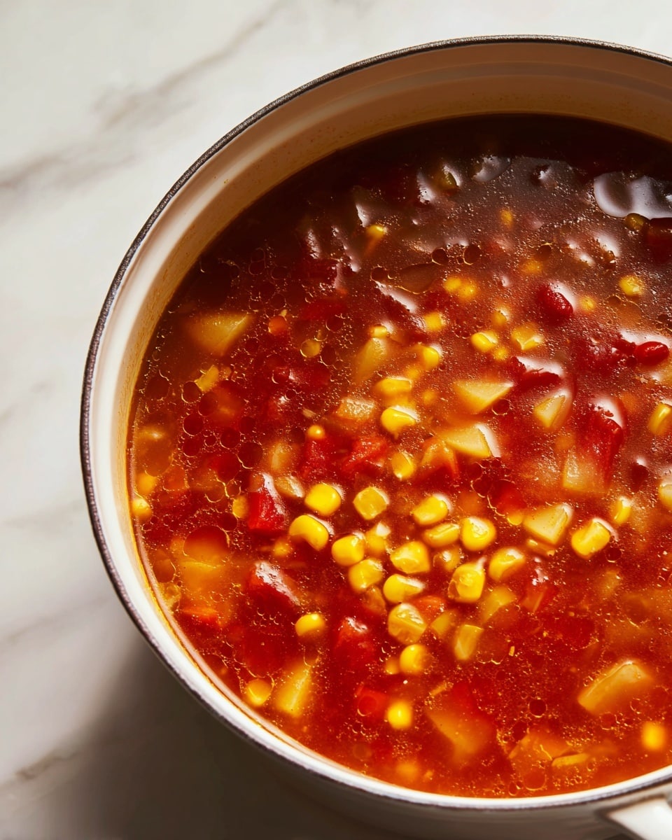 A close-up view of a white pot filled with a chunky soup that has a reddish-brown broth. The soup contains several layers of visible ingredients including small yellow corn kernels, light yellow potato slices, translucent onion pieces, and small bits of red ingredients that look like tomatoes or peppers. The soup's surface is shiny with some oil reflecting the light, and the pot is placed on a white marbled texture. The image captures the warm and rich texture of the soup. photo taken with an iphone --ar 4:5 --v 7