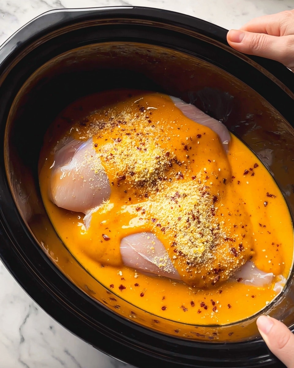 Inside a black slow cooker, two large pieces of raw chicken with pale pink color lay flat. On top of the chicken is a thick, smooth layer of bright orange sauce that covers most of the chicken evenly. The sauce is sprinkled with light yellowish powder and scattered small dark red flakes. Two woman's hands are holding the edge of the chicken pieces, gently placing them inside the cooker. The cooker sits on a white marbled surface. photo taken with an iphone --ar 4:5 --v 7