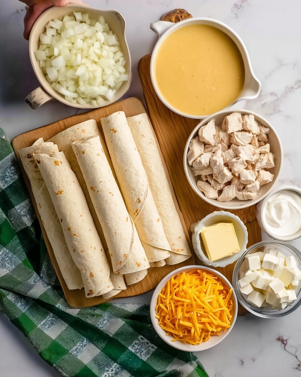 The image shows a wooden cutting board placed on a white marbled surface, with five rolled tortillas stacked on it, light beige in color and soft texture. Surrounding the board are seven white bowls and one white jug, each filled with different ingredients: diced white onions, a creamy yellow cheese sauce, white cream cheese cubes, cooked chopped white chicken pieces, shredded orange cheddar cheese, a small square of white butter, and light beige liquid cream. The green and white checkered cloth is partially under the bowl of cheese sauce. A woman's hand holding a white bowl of diced onions is visible at the top. Photo taken with an iphone --ar 4:5 --v 7