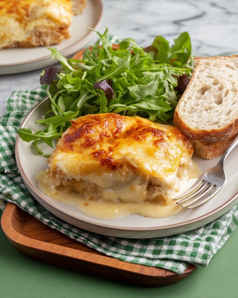 The dish is served on a white plate showing a layered baked item with a golden brown and slightly crispy top layer of melted cheese. Below the cheese, there is a creamy, pale yellow sauce that is thick and oozes gently around the edges. Under the sauce, the inner layer looks soft and light-colored with a crumbly texture. Next to the baked item, there is a fresh green arugula salad with leafy texture and a slice of light beige bread with big air holes. The plate is set on a wooden tray with a green and white checkered cloth underneath, placed on a white marbled surface. Photo taken with an iphone --ar 4:5 --v 7