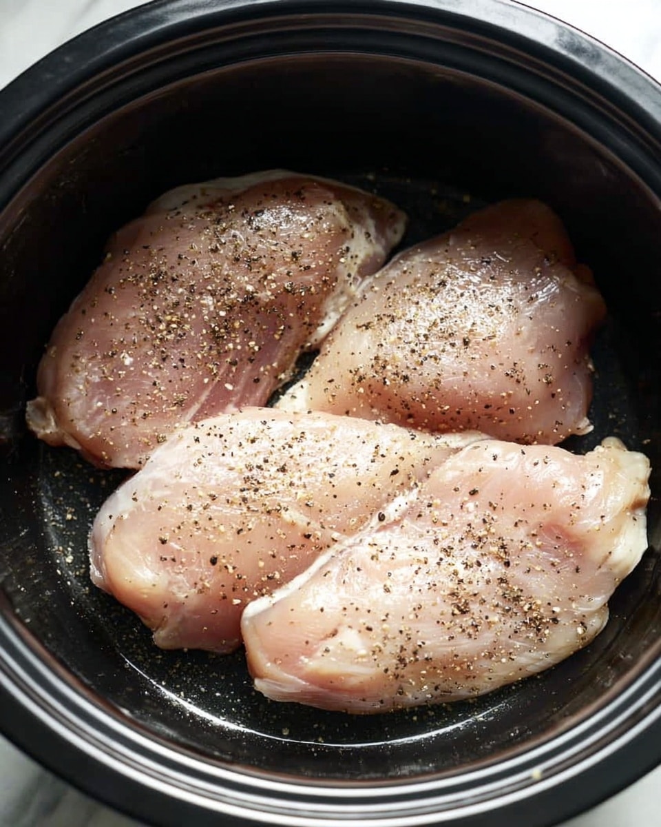 The image shows three raw chicken pieces placed inside a black cooking pot. Each chicken piece is light pink with a slight shine, sprinkled evenly with coarse black pepper and salt, creating small dark and white specks on their surface. The chicken pieces are arranged side by side, filling most of the pot's bottom. The pot's interior is smooth and shiny, reflecting a little light. The background surface under the pot is a white marbled texture. Photo taken with an iphone --ar 4:5 --v 7