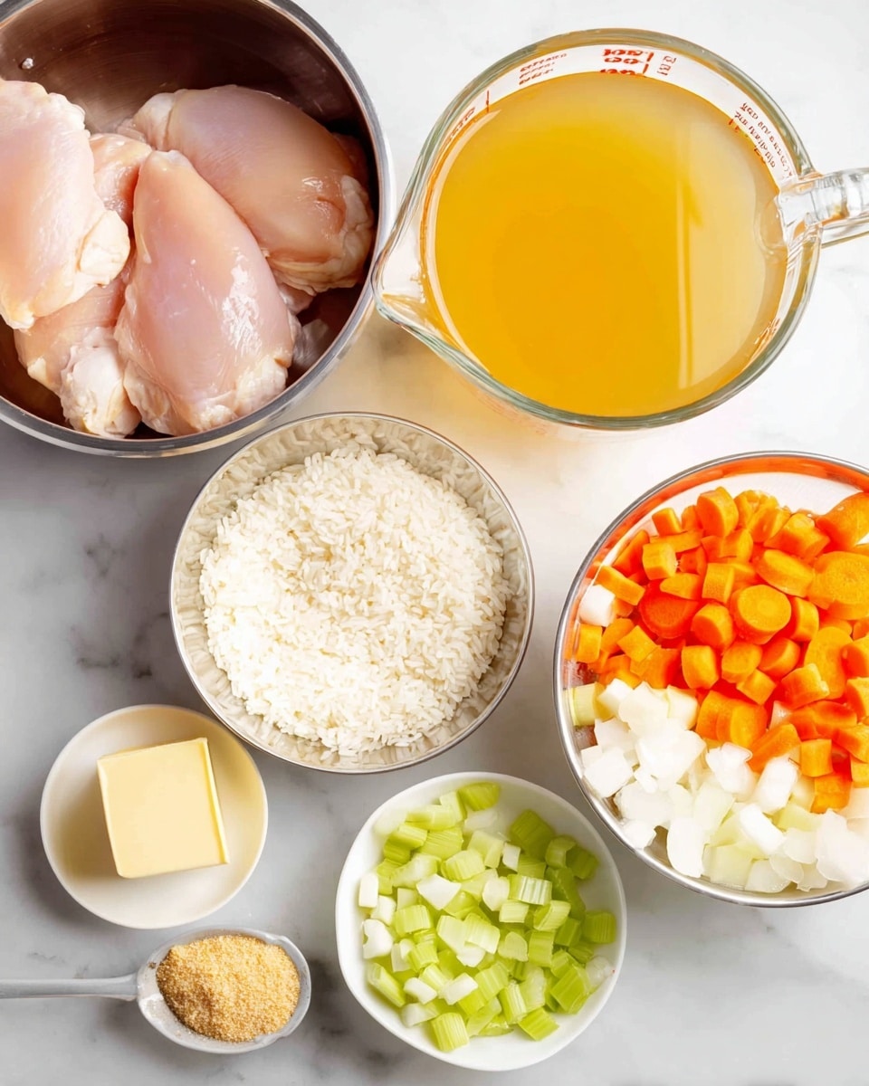 A collection of cooking ingredients is arranged on a white marbled surface, including a metal bowl in the top left holding three raw light pink chicken fillets, a clear glass measuring cup filled with bright golden yellow broth to the right. Below them, a glass bowl with white uncooked rice is placed, and next to it, a metal bowl contains three layers of chopped vegetables: orange carrot slices on top, white diced onions in the middle, and light green celery slices at the bottom. In the foreground are three white dishes: one with a stick of pale yellow butter, one with a spoonful of minced garlic paste that is light yellow, and one holding a yellow bouillon cube plus a mix of salt and a beige seasoning powder. The photo taken with an iphone --ar 4:5 --v 7