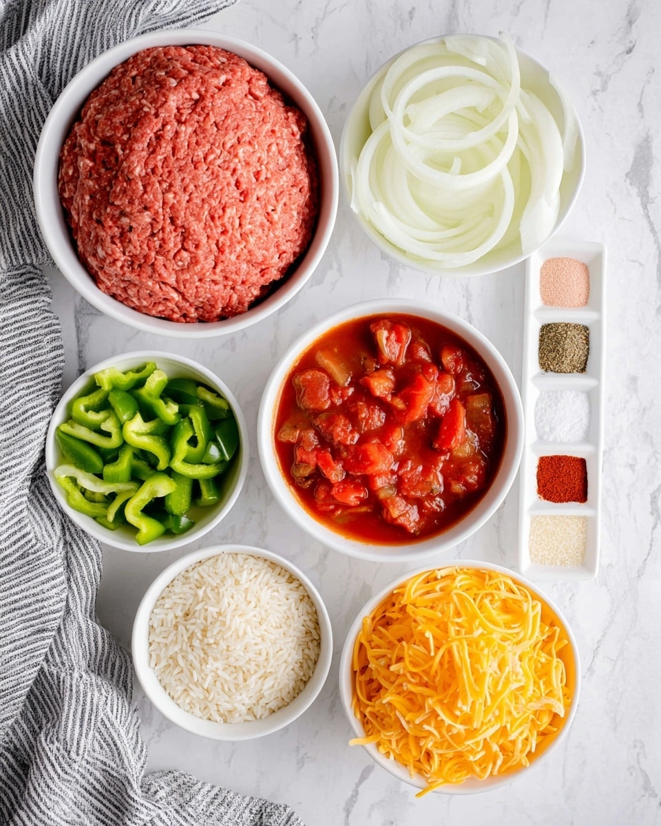 The image shows six small white bowls arranged on a white marbled surface. The top left bowl contains raw ground beef with a smooth, reddish-pink texture. To its right, a bowl holds thinly sliced white onions with a soft, layered look. Below the onions, a bowl is filled with chunky red diced tomatoes in a red sauce. To the left of the tomatoes, a bowl of chopped green bell peppers shows bright, fresh green pieces. Below the beef, a bowl contains uncooked white rice with a grainy texture. Near the center, a small rectangular dish holds three spices in neat sections: pink salt, reddish-brown chili powder, and ground black pepper. The bottom right bowl is filled with bright orange shredded cheddar cheese, thin and curly. A gray and white striped cloth is partially visible on the bottom left corner. Photo taken with an iphone --ar 4:5 --v 7