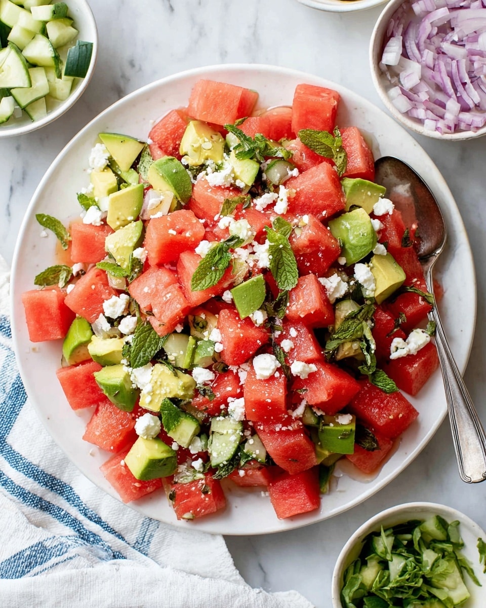 A white plate filled with a fresh salad made of three main layers: large cubes of bright red watermelon on top, medium chunks of light green avocado scattered throughout, and small pieces of green cucumber mixed in. There are also dark green basil and mint leaves spread evenly across the salad, along with crumbles of white cheese sprinkled on top. A silver spoon rests on the right edge of the plate. Around the plate, there are small white bowls with sliced red onions, diced cucumbers, and more white cheese. The background is a white marbled texture with a light blue and white striped cloth near the bottom. photo taken with an iphone --ar 4:5 --v 7