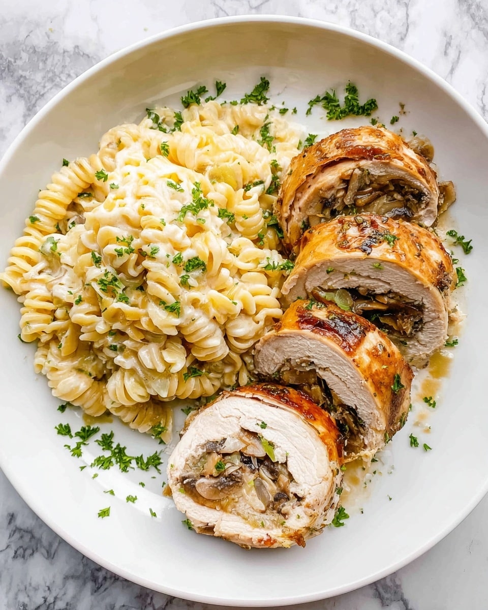 A white round plate holds two main parts: on the left, there is a creamy, light yellow pasta with spiral shapes, topped with small green parsley bits scattered over it; on the right, there are several thick slices of a stuffed meat roll, showing layers inside of light meat, dark cooked mushrooms, and melted cheese, with a browned and slightly crispy outer skin; some green parsley is sprinkled on and around the slices. The plate is set on a white marbled surface. Photo taken with an iphone --ar 4:5 --v 7