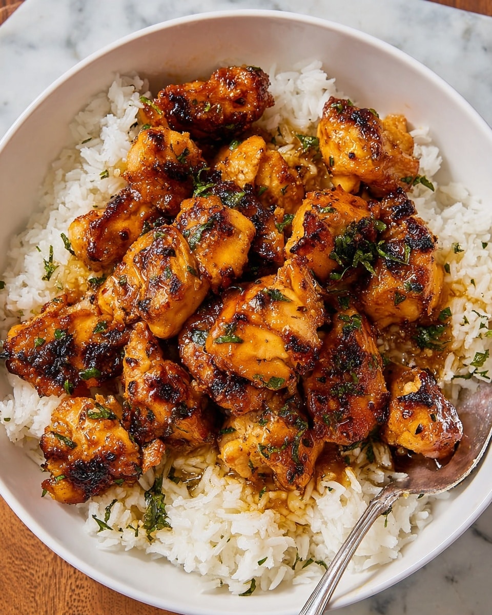 A white bowl holds two layers: the bottom layer is fluffy white rice with a soft, slightly sticky texture, filling the bowl evenly; on top are many pieces of golden-brown glazed chicken with a shiny, slightly sticky sauce, showing charred edges and sprinkled green herbs, giving a fresh touch. The chicken pieces are irregular in shape and arranged in a loose pile covering most of the rice. A silver fork rests at the side, partly under the rice. The bowl sits on a white marbled surface. photo taken with an iphone --ar 4:5 --v 7