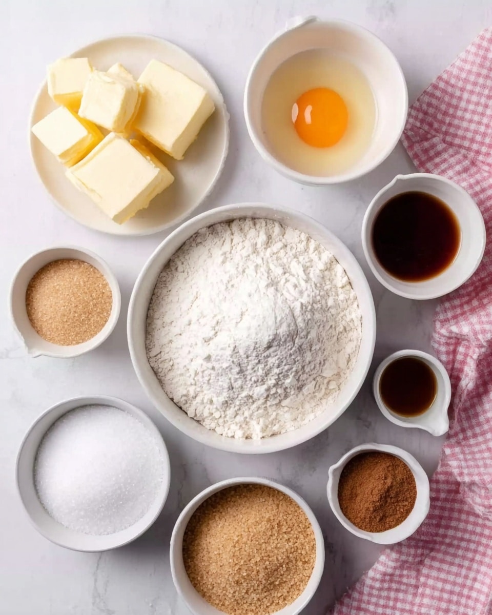 A white bowl full of white flour sits in the center on a white marbled surface, surrounded by smaller white bowls. On the top left, a white plate holds several pieces of pale yellow butter. Near the top center, a white bowl contains one raw egg with a bright yellow yolk visible. To the right side, an empty white bowl is placed. Below the main bowl and to the left, a white bowl is filled with white granulated sugar. At the bottom center, another white bowl contains light brown sugar. To the right of it, a white bowl has a small amount of brown cinnamon powder. On the far right, a small white cup holds a dark amber liquid, likely vanilla extract, placed next to a pink and white checkered cloth. The overall color palette is soft and neutral, with a bright and clean look, photo taken with an iphone --ar 4:5 --v 7