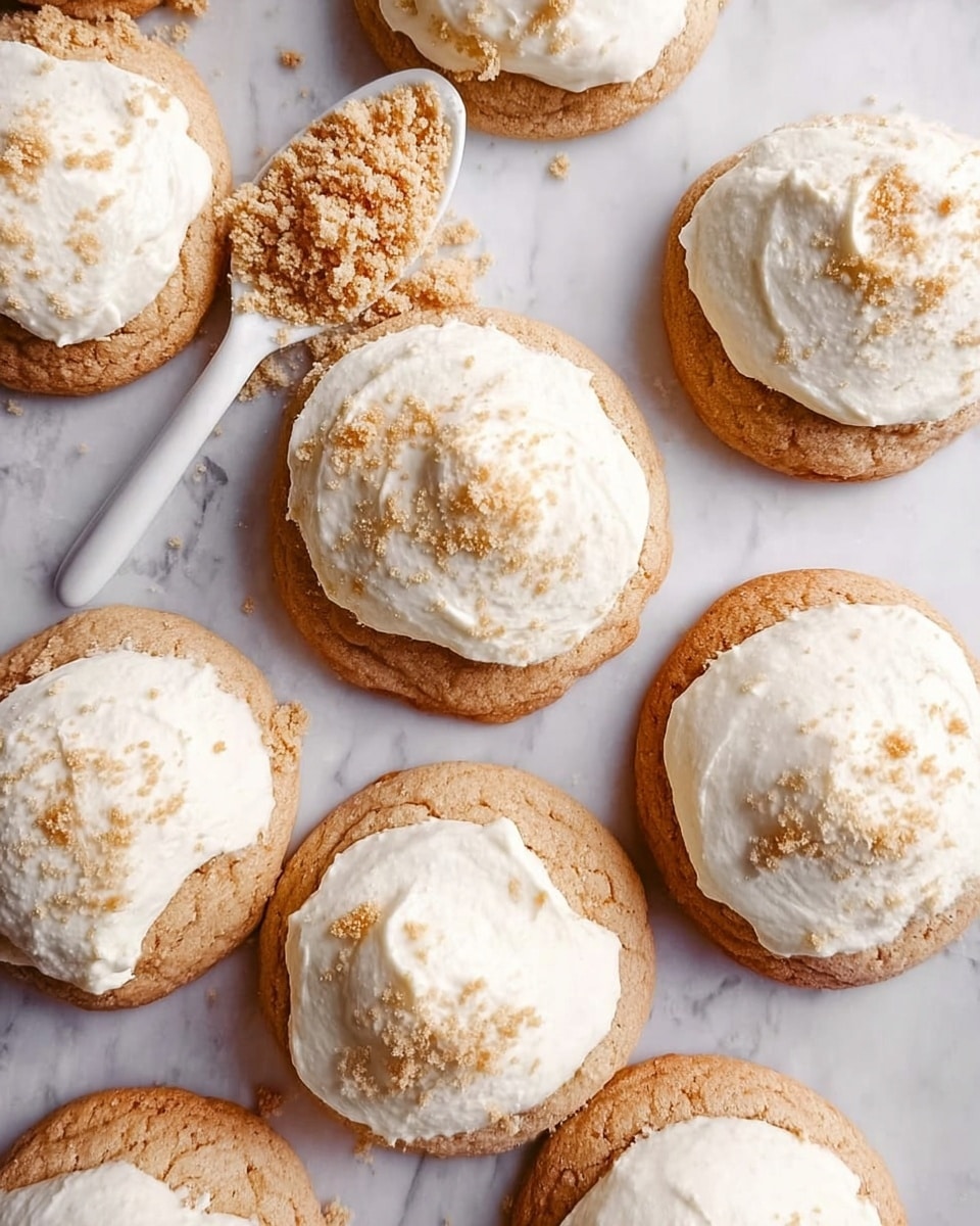 The image shows multiple round cookies with a light brown color and a soft texture, each topped with a thick layer of white cream frosting that has a smooth, fluffy appearance. The cookies are arranged closely on a white marbled surface, and a white spoon filled with crumbled cookie pieces rests among them. The cookies have a slightly cracked top, and the frosting on each cookie is slightly sprinkled with light brown crumbs. photo taken with an iphone --ar 4:5 --v 7
