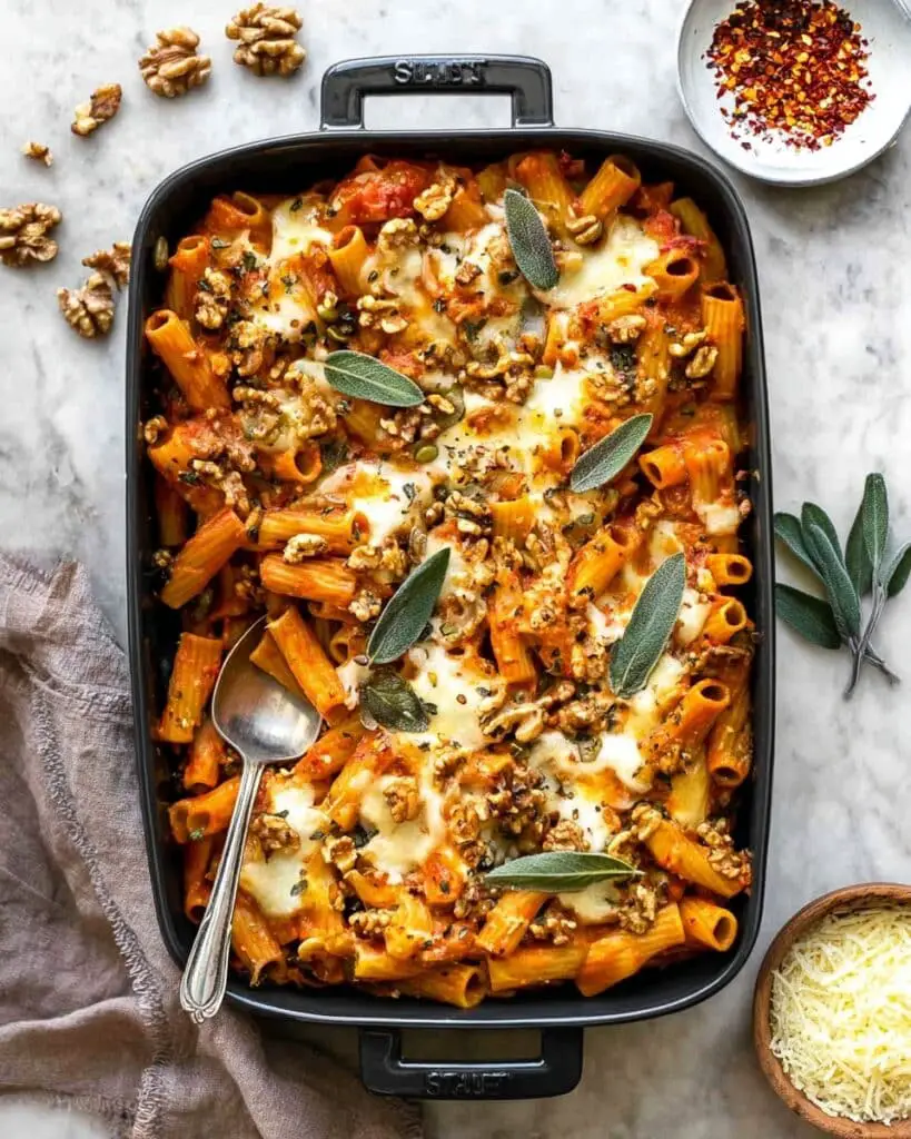 Pumpkin Tomato Pasta Bake with Walnuts and Sage Recipe